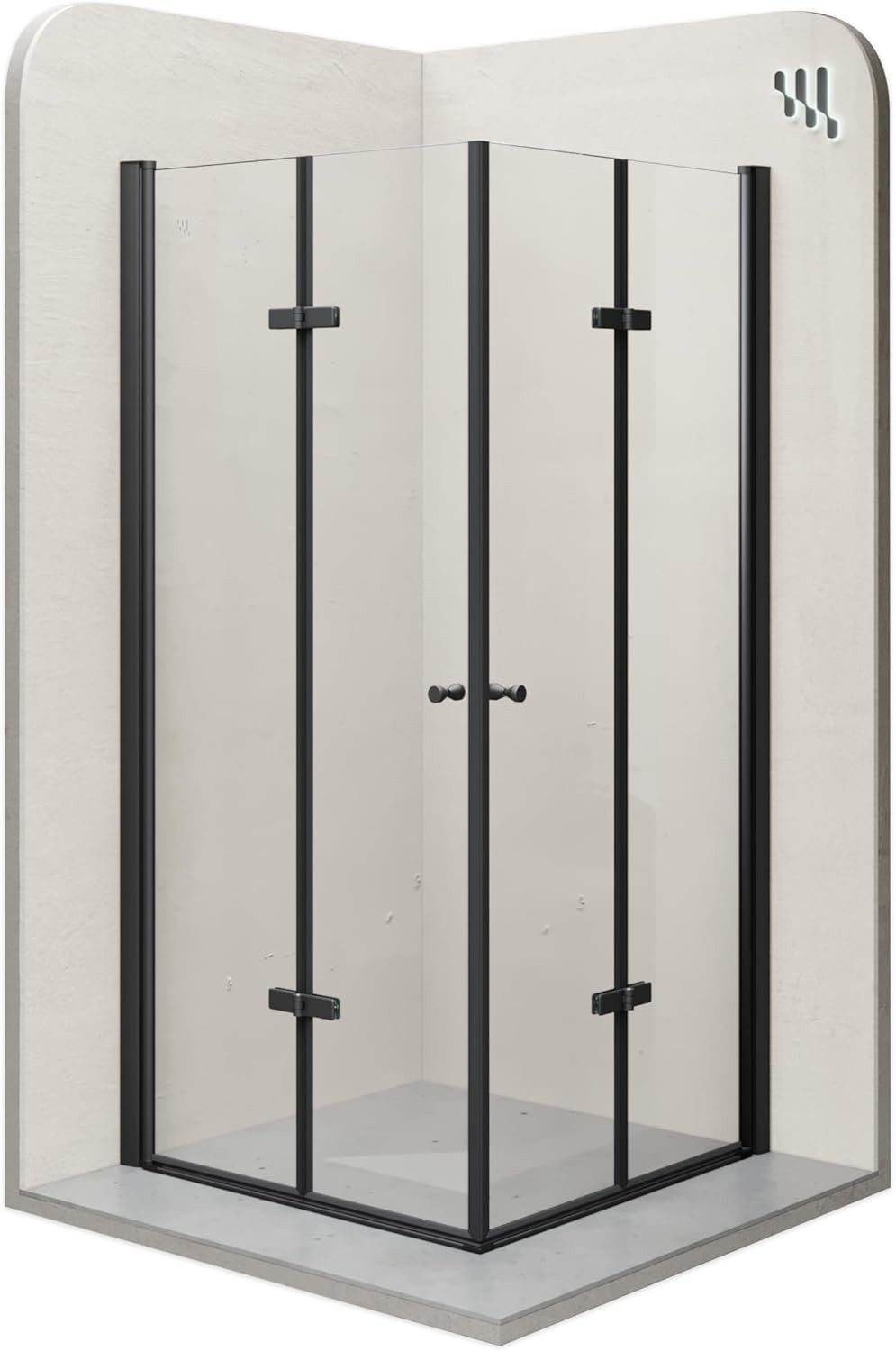 i-flair Eckdusche Falttür Duschkabine EMMA aus durchsichtigem 6 mm Sicherheitsglas, BxT: 70x70 cm, Einscheibensicherheitsglas, ohne Duschtasse, mit hochwertigen Aluminiumprofilen in schwarz, ebenerdiger Einbau möglich, mit Falttüren