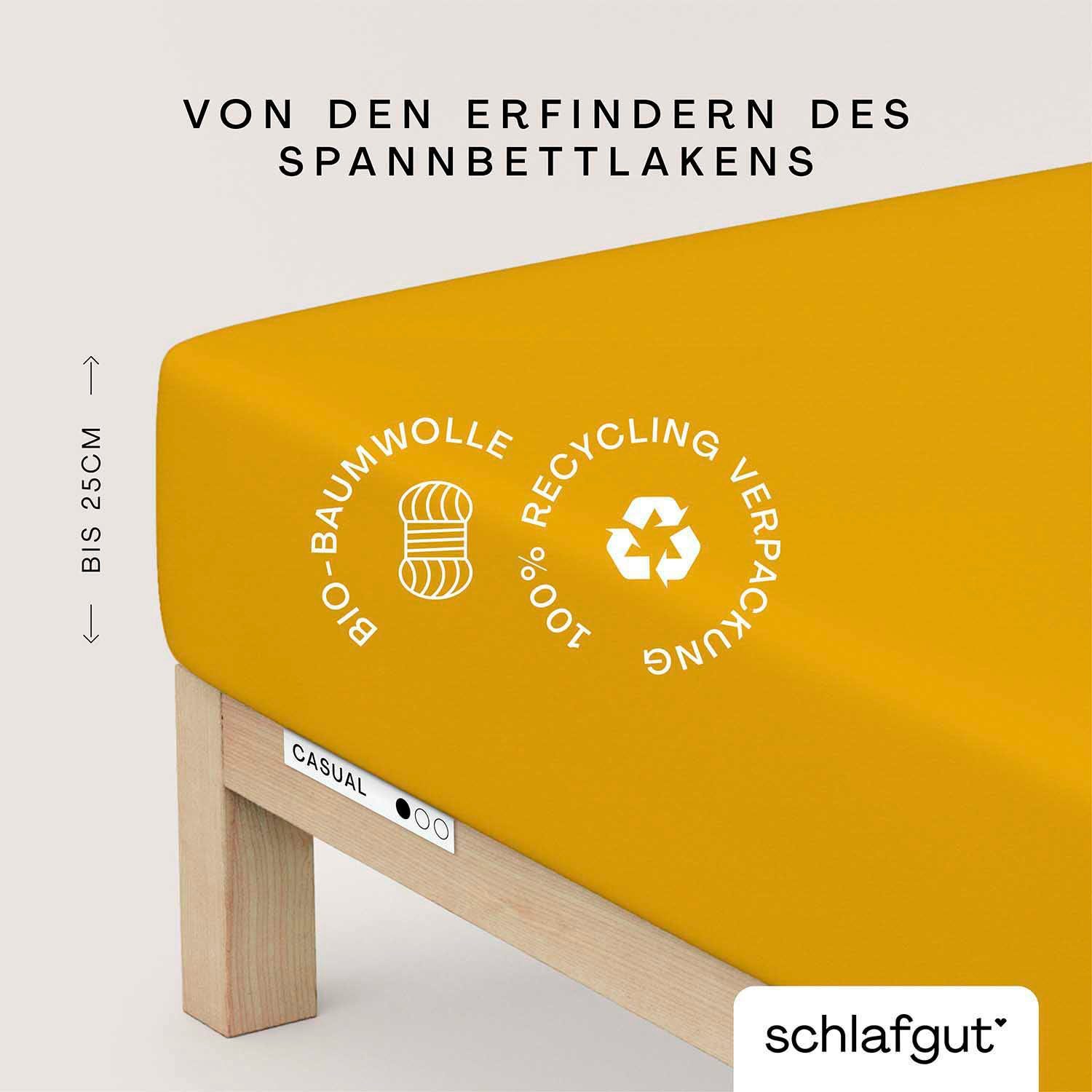 Spannbettlaken CASUAL u.a. in Gr. deep Gummizug: 180x200 Schlafgut, Bettlaken yellow 25 90x200, langlebig, 140x200 Jersey, bis (1 für 100% weich zuverlässig, cm, Bio-Baumwolle, cm Höhe, oder Stück), Matratzen rundum