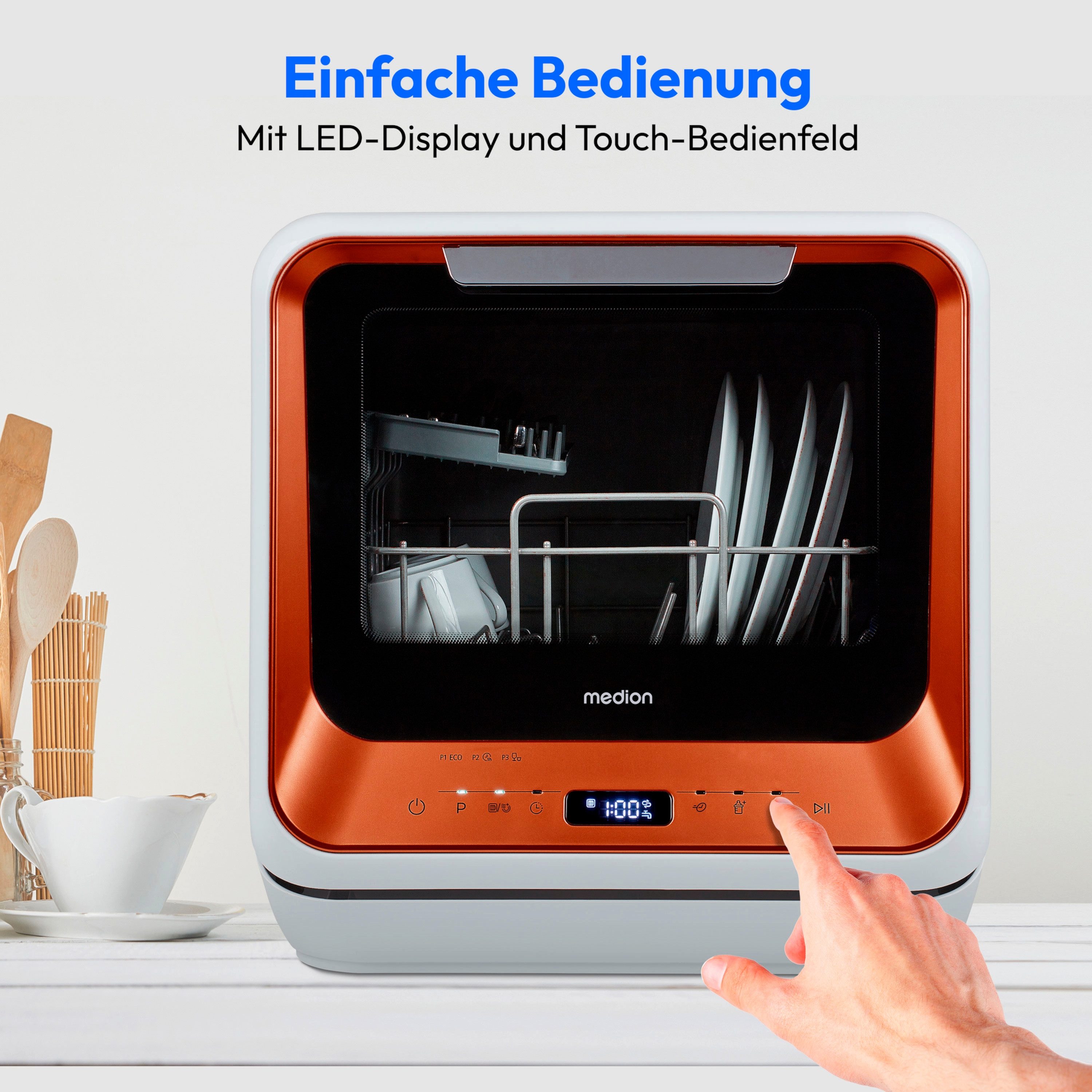 Medion® Tischgeschirrspüler MD37763, 2 Maßgedecke, mit/ohne Wasseranschluss, 6 Reinigungsprogramme, freistehend, bronze