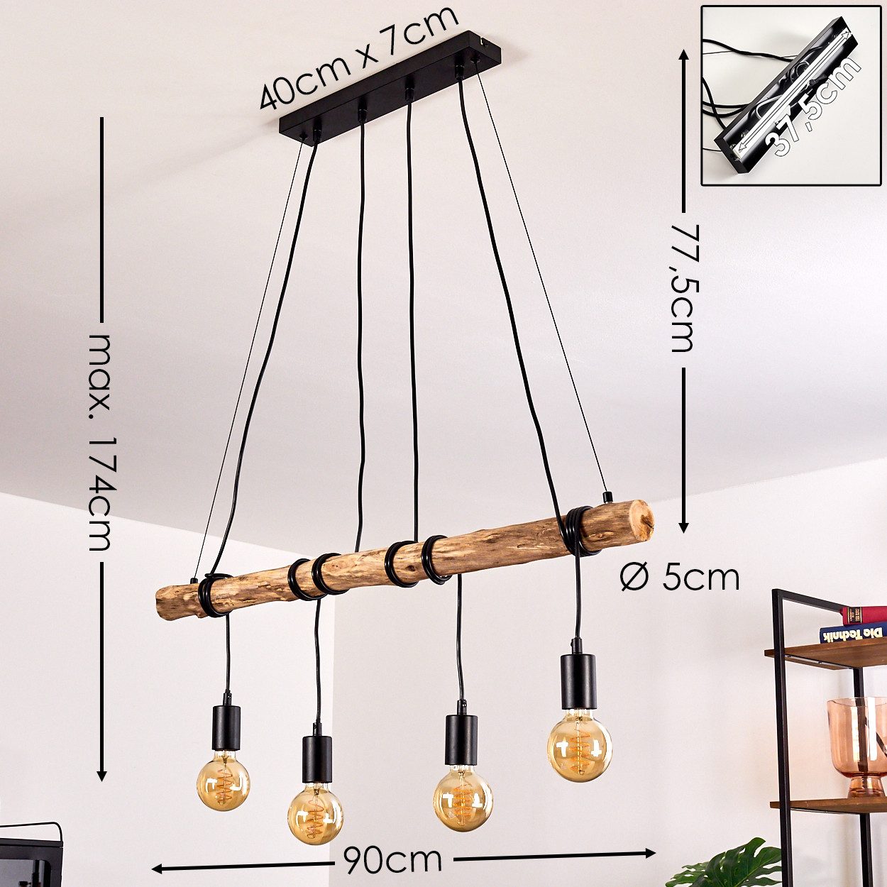 hofstein Pendelleuchte »Quart« Hängelampe aus Holz/Metall in Braun/Schwarz, günstig online kaufen
