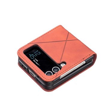 Wigento Handyhülle Für Samsung Galaxy Z Flip4 Handytasche aus Kunstleder mit Rautenstruktur Schutz Cover Handy Tasche Braun Hülle Etuis Muster