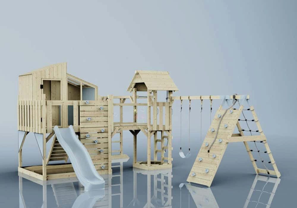 OutdoorToys Spielturm Gustav, aus Holz in Eisblau mit Kinderschaukel & Rutsche, Kletterwand