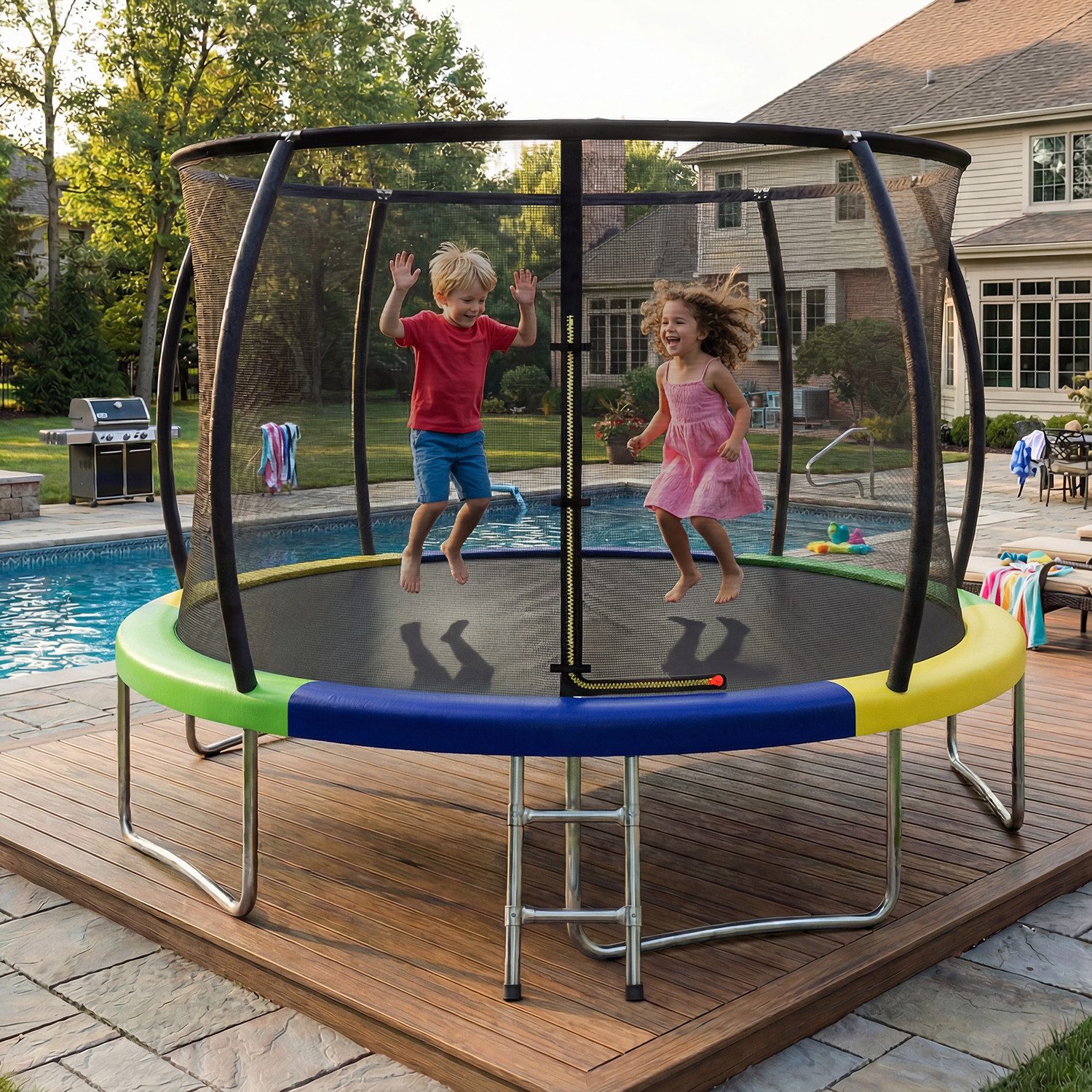 HOMALL Gartentrampolin Kindertrampolin Outdoor-Trampolin Durchmesser: 183/220/290/360 cm, Ø 360 cm, (Durchmesser 183 cm (mit Sicherheitsnetz und Schutzhaube, Tragkraft 50 kg/150 kg, 360°-Sicherheitsnetz, erhältlich in Schwarz/Blau/mehrfarbig) -ostern geschenke)