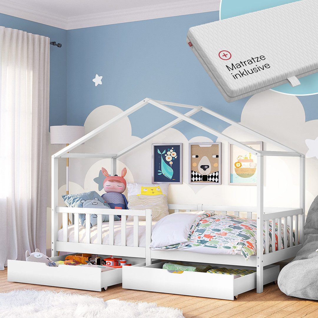 Bellabino Kinderbett Bia mit Lattenrost (weiß, mit zwei Schubladen, Matratz günstig online kaufen