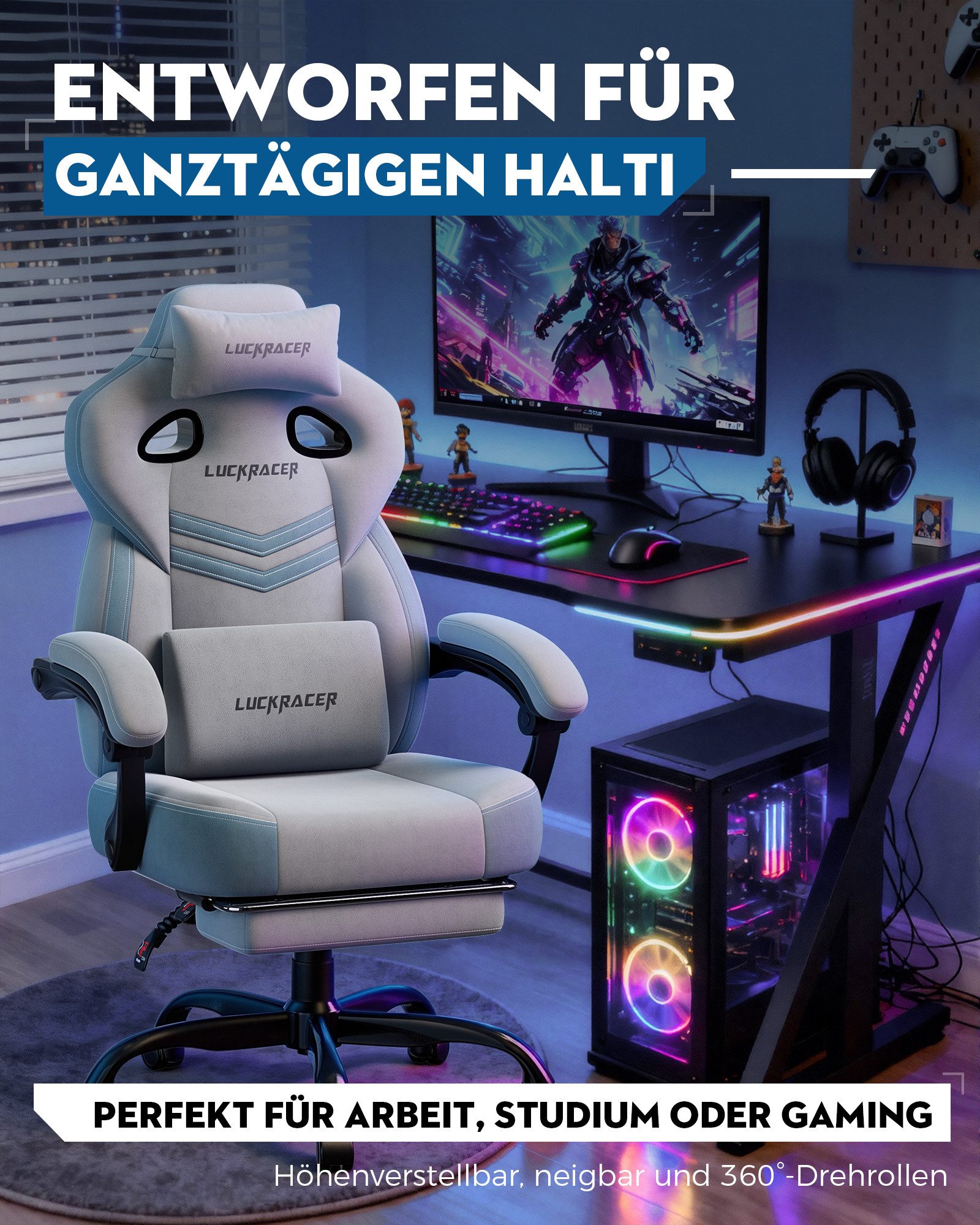LUCKRACER Gaming-Stuhl Stoff/Kunstleder, Bürostuhl mit verbundenen Armlehnen, Memory-Schaum, 90–155° Neigungswinkel und Fußstütze