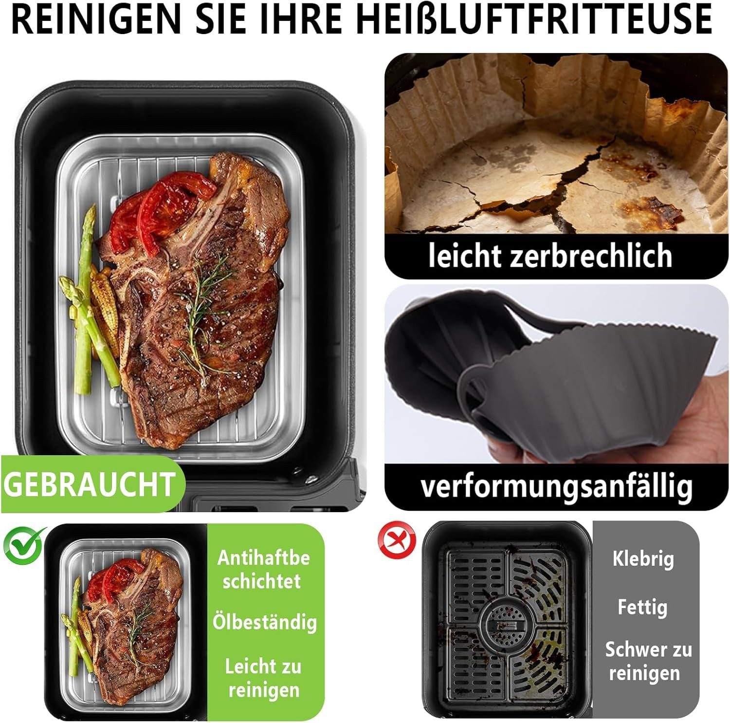 SURFOU Backform für Ninja Heißluftfritteuse, 6-tlg Airfryer Zubehör für Ninja Airfryer, (Zubehör für Ninja Dual Zone & FlexDrawer – 6-tlg. Heißluftfritteuse Zubehör für AF500EU AF400EU AF451EU DZ400EU, 2 x Auflaufformen & 2 x Grillroste aus Edelstahl 304, Silikonzange & Handschuhe, spülmaschinenfest), Rostbeständig, langlebig und BPA-frei