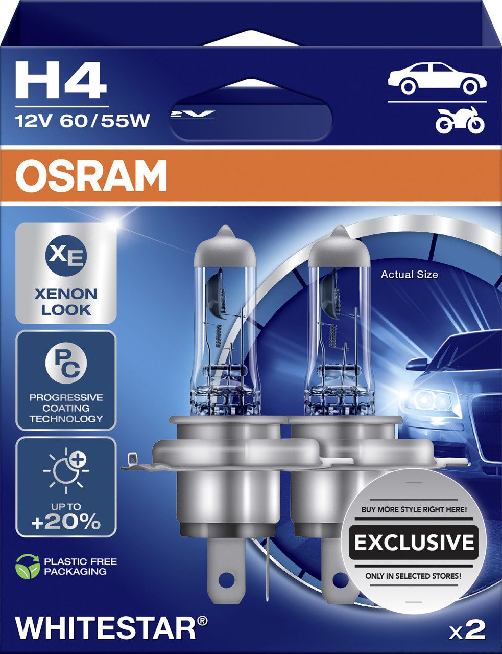 Osram KFZ-Ersatzleuchte Osram Scheinwerferlampe H4 Whitestar 2.0 2 Stück