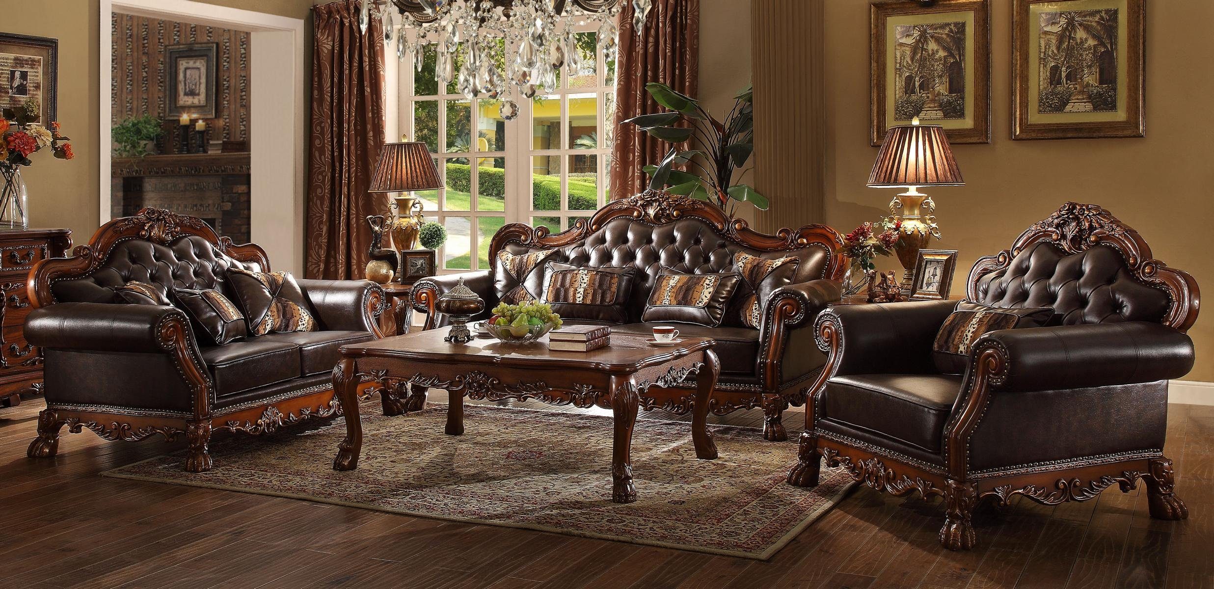 JVmoebel Polstergarnitur Elegantes Ledersofa im Barock-Stil in edlem Braun, (3-tlg), Made in Europa