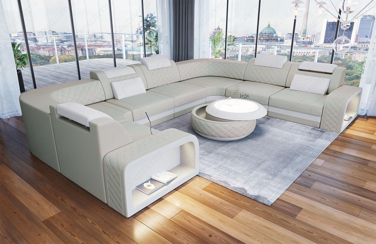 Dreams Sofa, Wohnlandschaft verstellbare Form Foggia mit LED, Sofa Designersofa U Ledersofa Kopstützen, Couch Leder