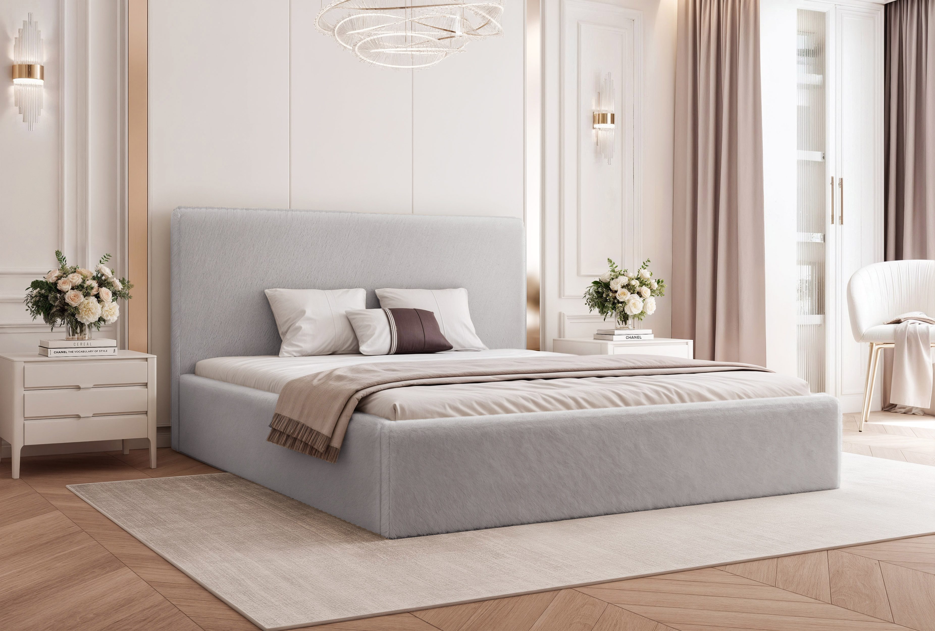 Goldstoff Polsterbett Modernes Bett "LUMINA" mit großem Stauraum und gepolstertem Rahmen (120–200x200 cm, Kopfteilhöhe 70/110 cm), Elegantes Stauraumbett mit gepolstertem Kopfteil und Holzrahmen