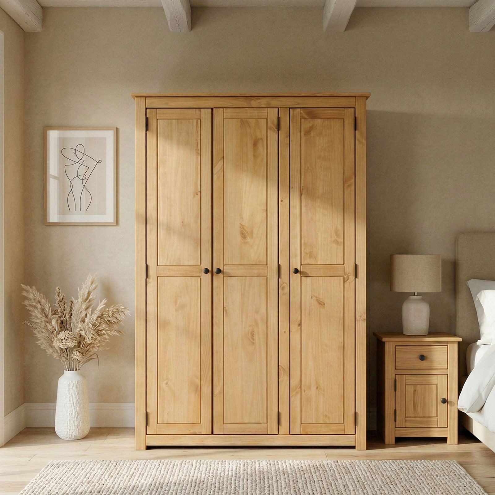 CARO-Möbel Kleiderschrank CANCUN Garderobenschrank aus Kiefer Massivholz mit 3 Türen & Metallgriffe