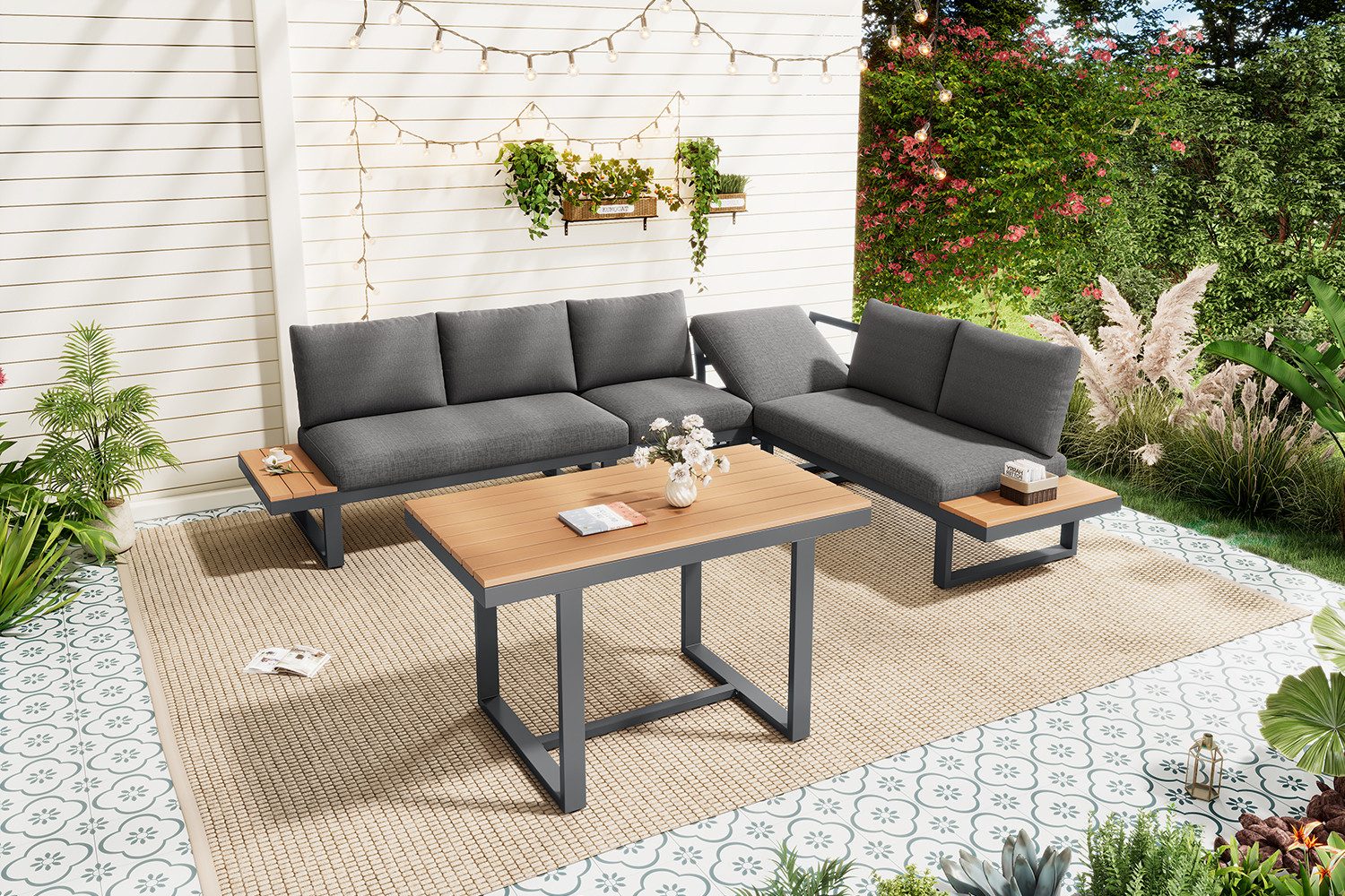 KLAM HOME Gartenlounge-Set Garten-Essgruppe Eck-Set mit 5‑stufiger Neigefunktion bis 55°, (Verzinktes Stahlrohr & Kunststoff-Holz Tischplatte, grau+schwarz), Wetterfestes Lounge‑Set für Garten & Terrasse