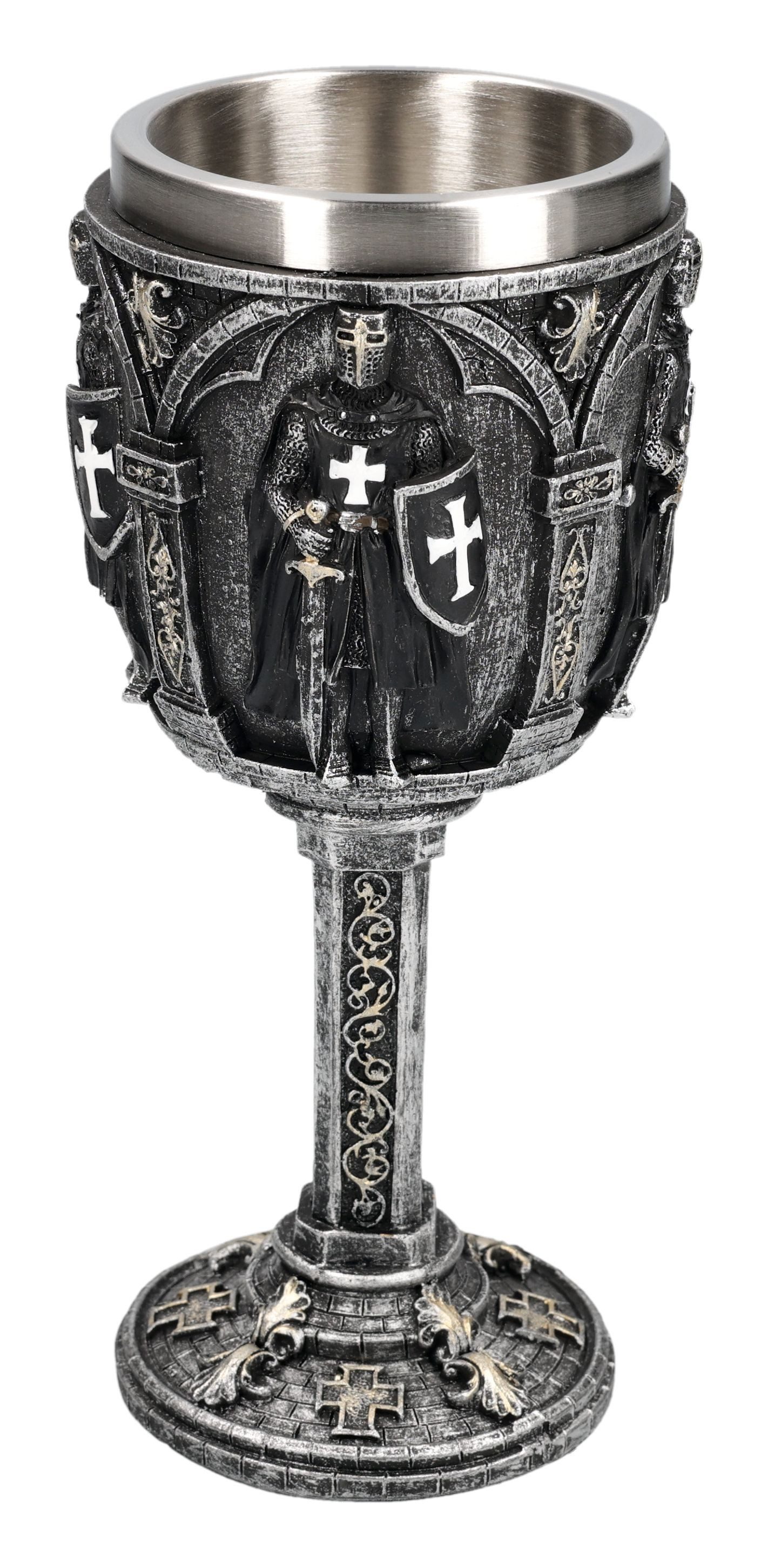 Figuren Shop GmbH Becher Ritterkelch – Schwarzer Templer Kelch Figur Mittelalter Deko 18.5 cm, Kunststein (Polyresin), Edelstahl