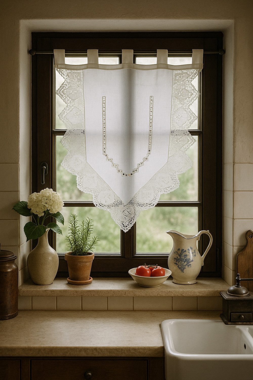 HOSSNER - ART OF HOME DECO Scheibengardine 40x60 cm (1 St), blickdicht, Baumwolle, Vintage, Romantische Stickerei
