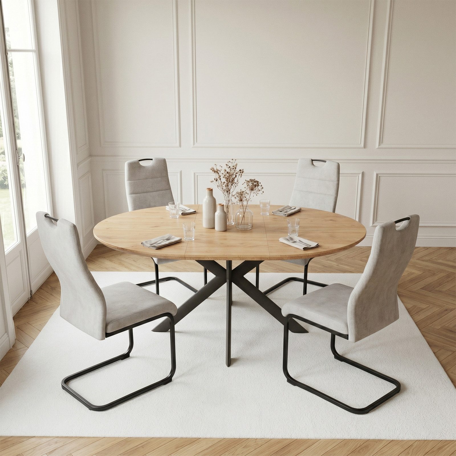 Jiexi Essgruppe Essgruppe ausziehbar rund bis oval MDF Tisch mit Freischwinger