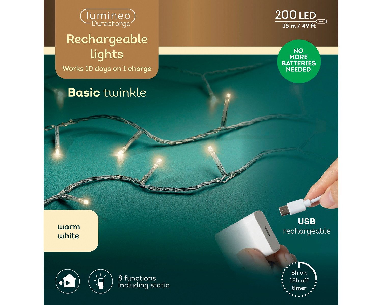 Lumineo LED-Lichterkette Lumineo, USB Lichterkette BASIC Twinkle, 200 LED 15 m, warm weiß, Indoor/Outdoor, 8 Funktionen, 6h-Timer, wiederaufladbar