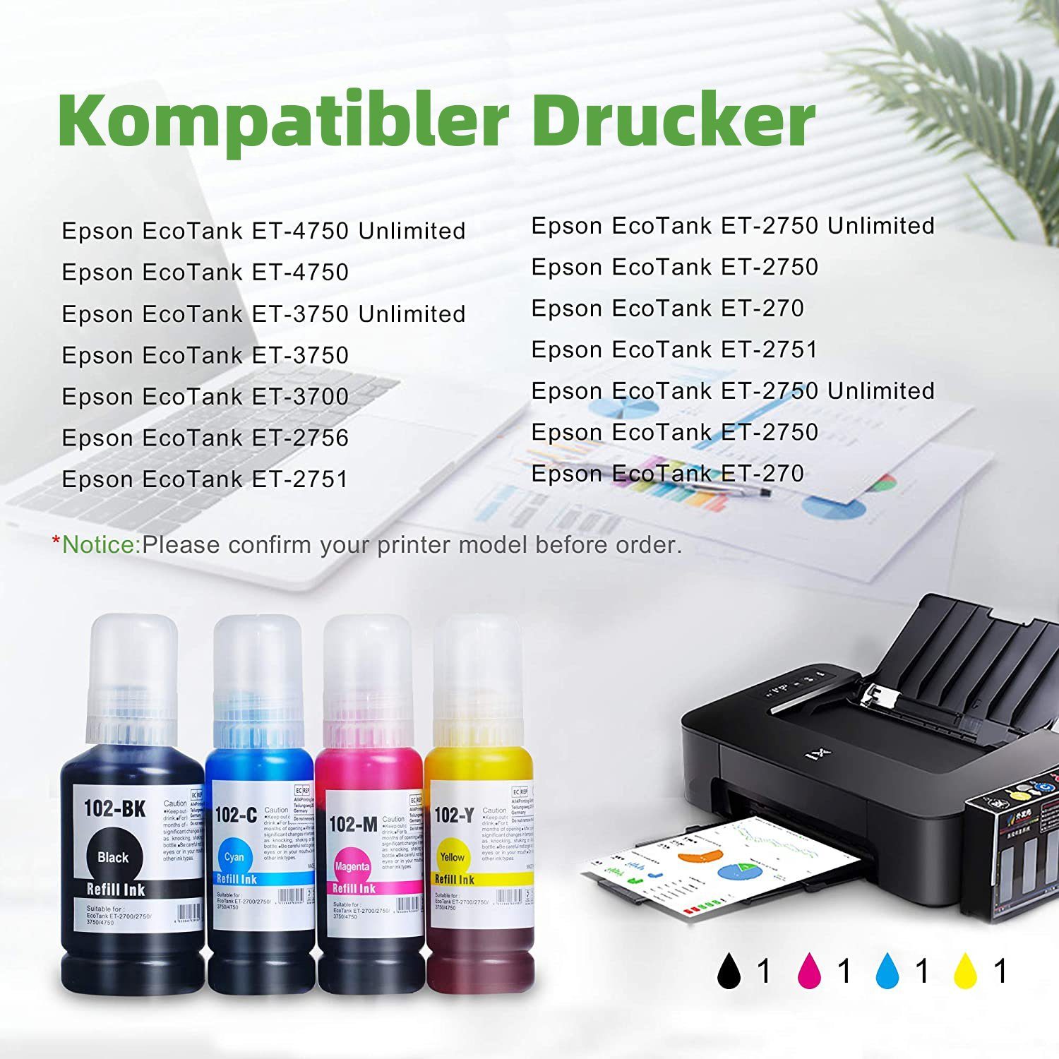 Koala 5er Drucker für Ecotank Tinte Tintenpatrone ECOTANK Nachfülltinte 3750 EPSON (Packung, C13T03R640 ET-4750 ET-2700 4850 3700 4800 15000) für 102 EPSON Refill 4856 102