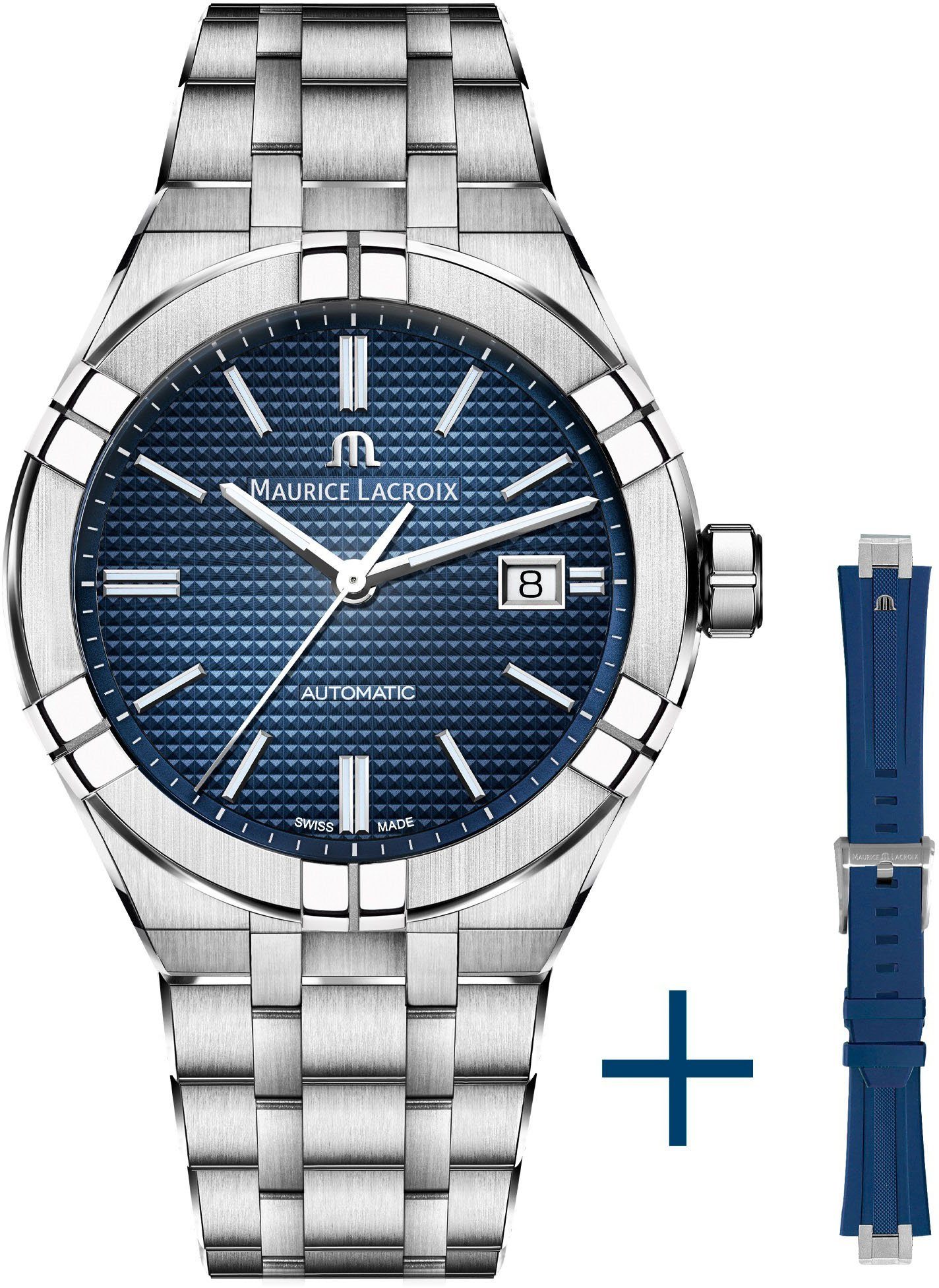 MAURICE LACROIX Automatikuhr Aikon Automatik, AI6008-SS00F-430-C, (Set, 2-tlg., Uhr mit blauem Wechselarmband aus Kautschuk) | Schweizer Uhren