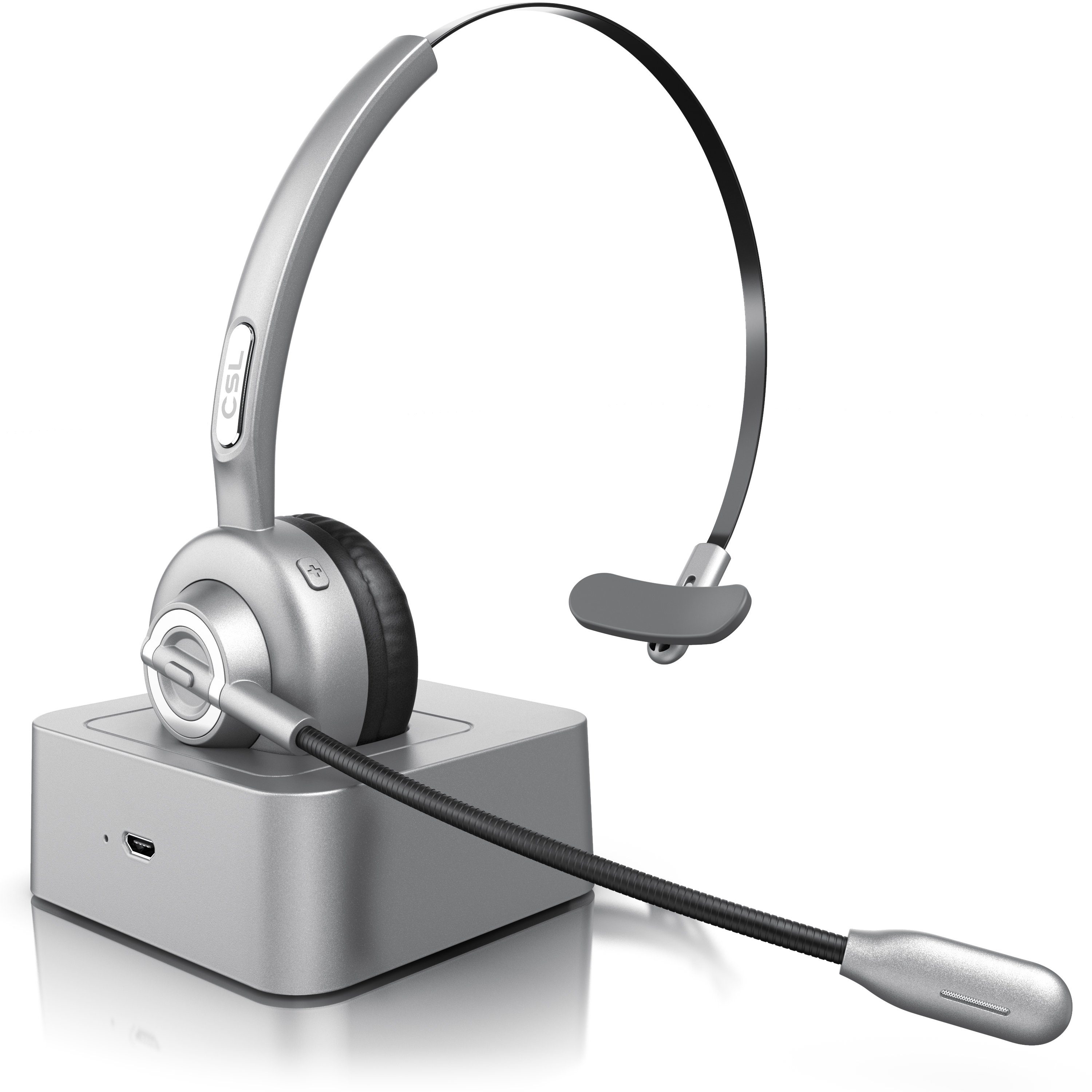 CSL Wireless-Headset (Bluetooth, Mono, Bluetooth, Ladestation, Kopfhörer mit flexiblem Mikrofon) silber