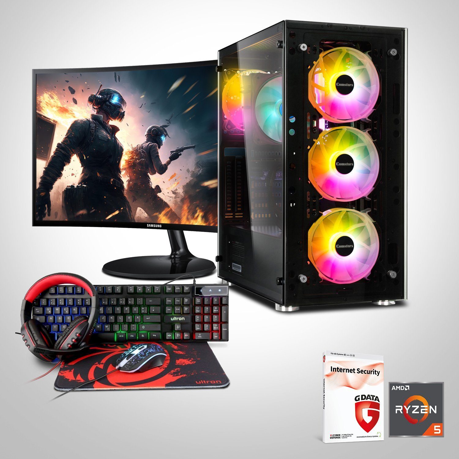 Memory PC Gaming-PC-Komplettsystem (24,00", AMD Ryzen 3 3200G, 16 GB RAM,  500 GB SSD, Windows 11 Pro, 24' Monitor Samsung C24F390FHR, Gaming Set)