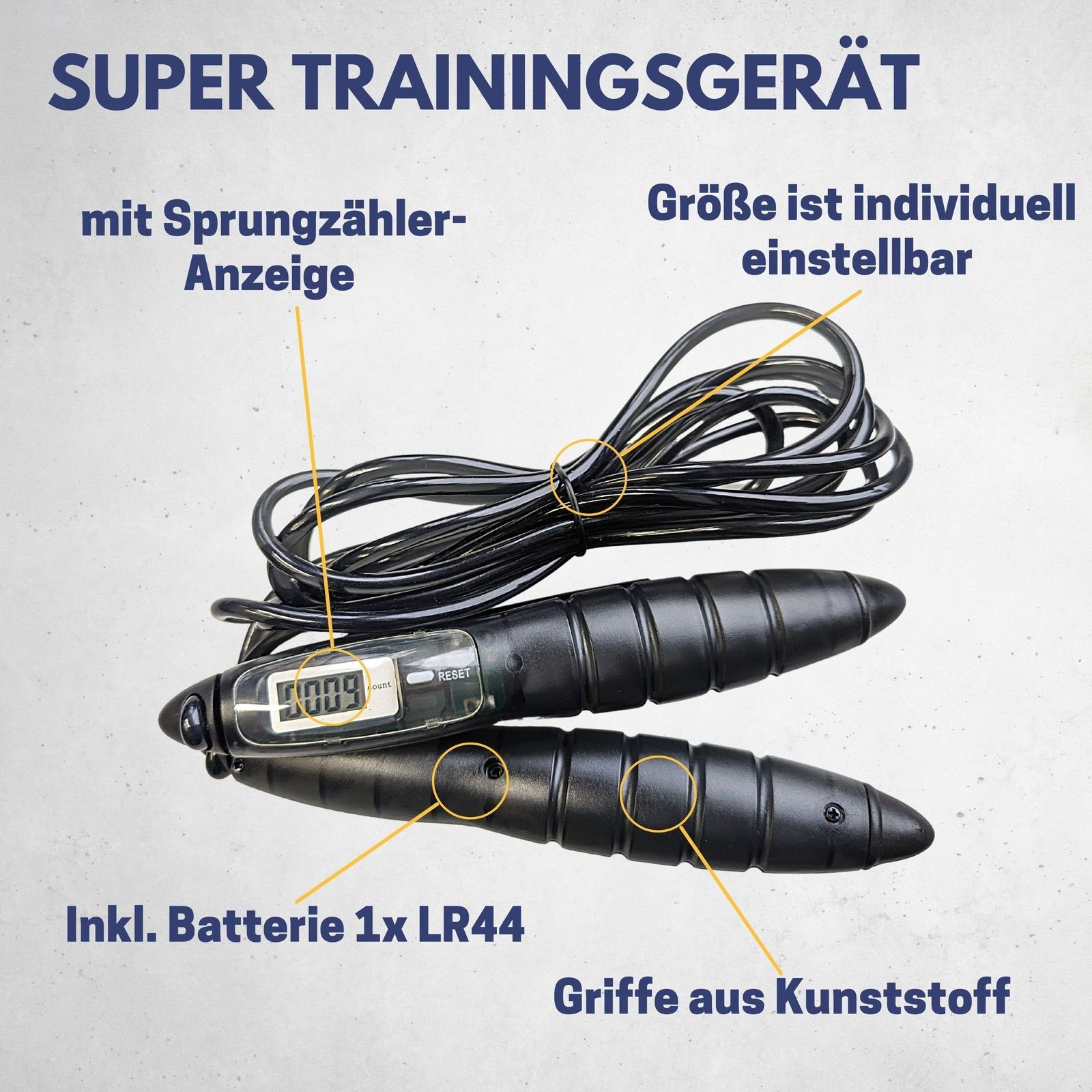 Springseil Sprungzähler Länge Inkl. Größe optimales 290 Mit individuell cm I Sprungzähler-Anzeige Best Farbe: Mit ist I I einstellbar Grau für I Digitales Batterie I Sporting Training, Springseil integriertem