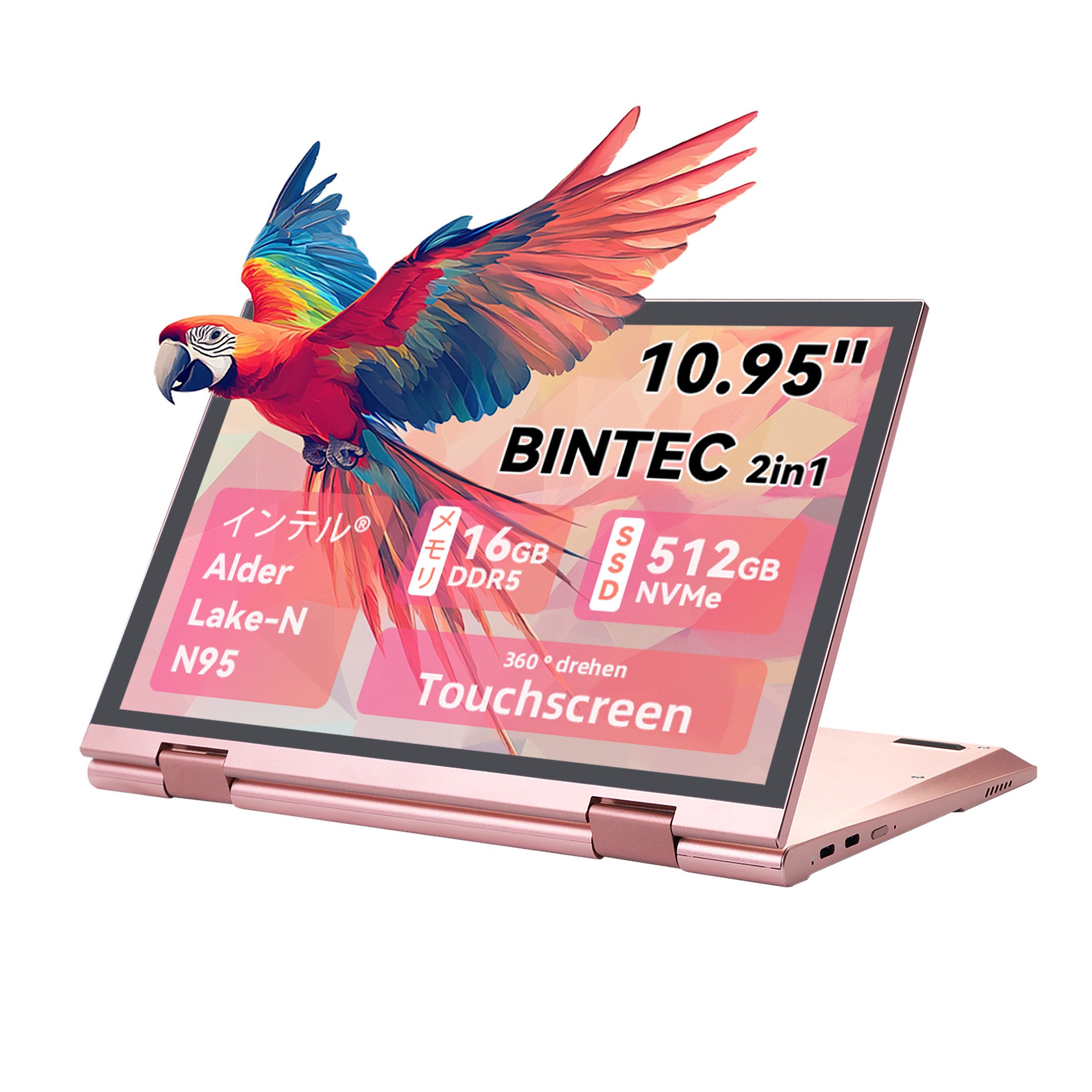 LONGEVINCE Rosa 2-in-1 Laptop mit 360°-Flip-Bildschirm, 16GB DDR5 Notebook (27,81 cm/10.95 Zoll, Intel ‎Celeron N95, 512 GB SSD, Rosa Ultrabook, Mini-Laptop, 2K-Touchdisplay)