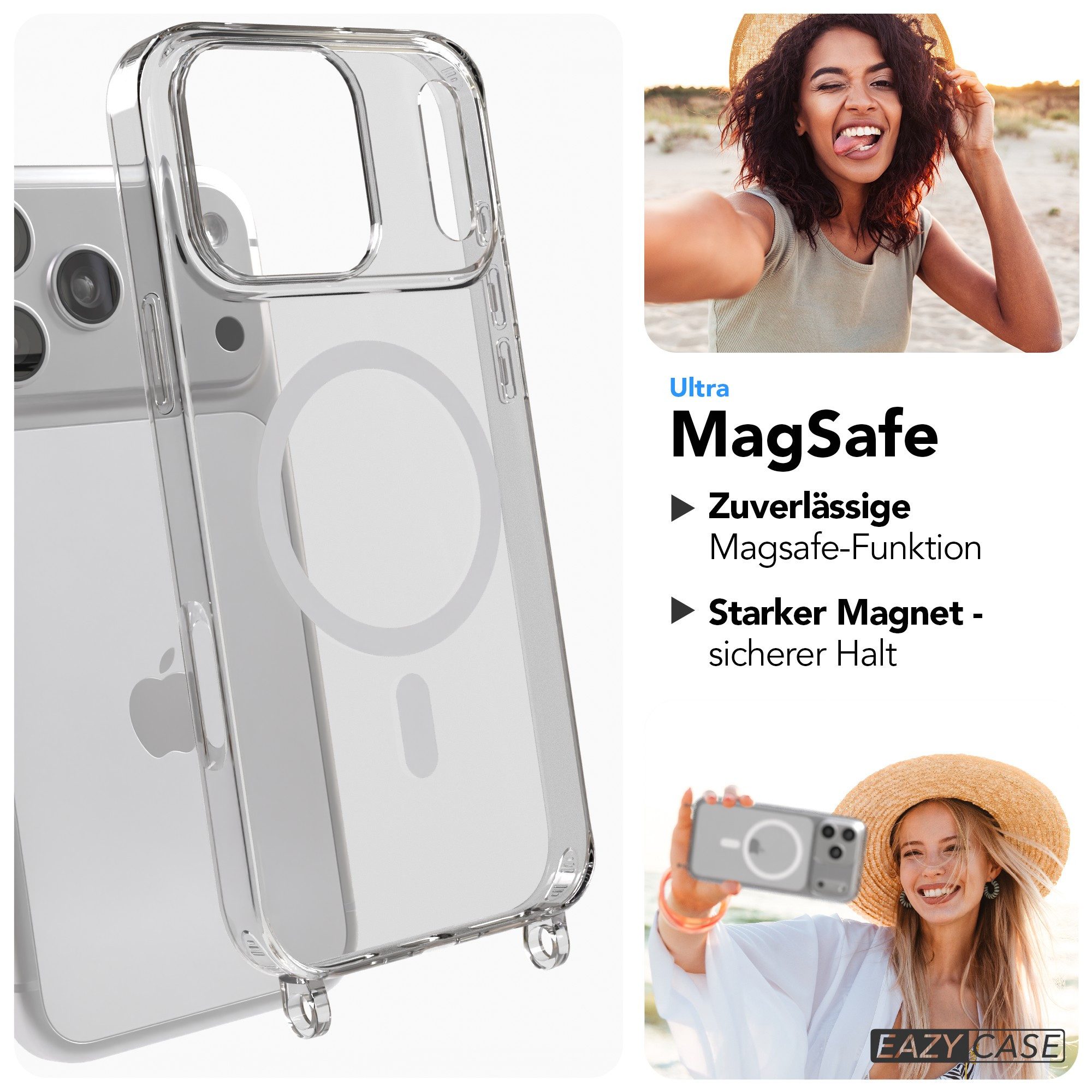 EAZY CASE Handykette Umhängeband MagSafe Hülle Apple iPhone 17 Pro Max 6,9 Zoll, Verstellbarer Trageriemen mit Case transparent DIY Gürteltasche Pink