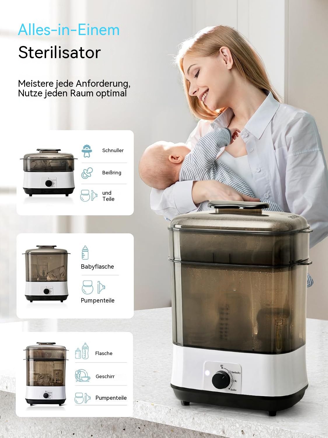 Topcony Dampfsterilisator Sterilisator mit Trocknungsfunktion & HEPA-Filter für Babyflaschen, 4-in-1 Auto-Flaschen Sterilisator Baby, Dampfsterilisation mit HEPA-Trocknung – hygienisch & chemiefrei, für Babyartikel, Babyflaschen & Milchpumpen-Zubehör