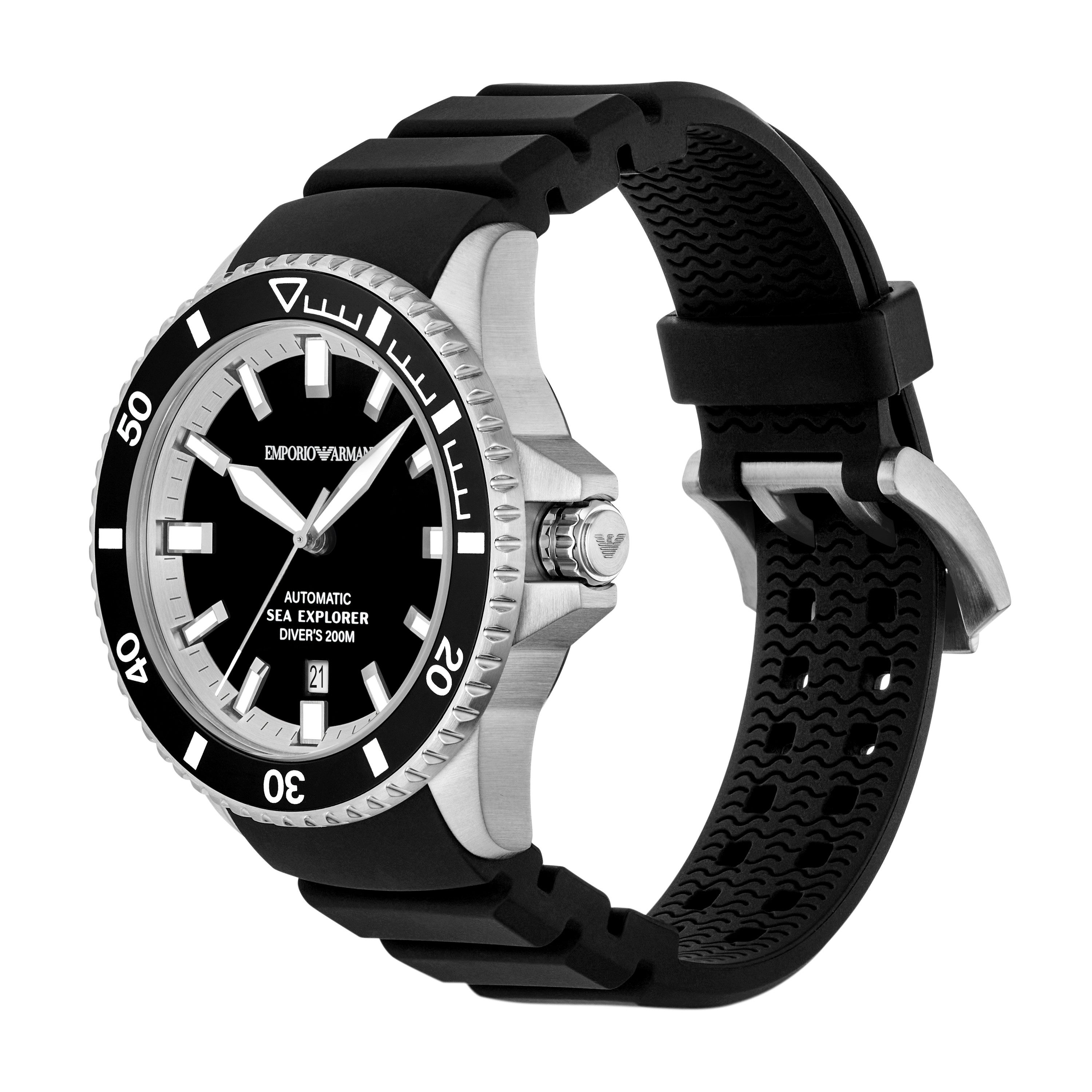 Emporio Armani Automatikuhr AR60086, Armbanduhr, Herrenuhr, Mechanische Uhr, Silikonarmband, analog, Tag