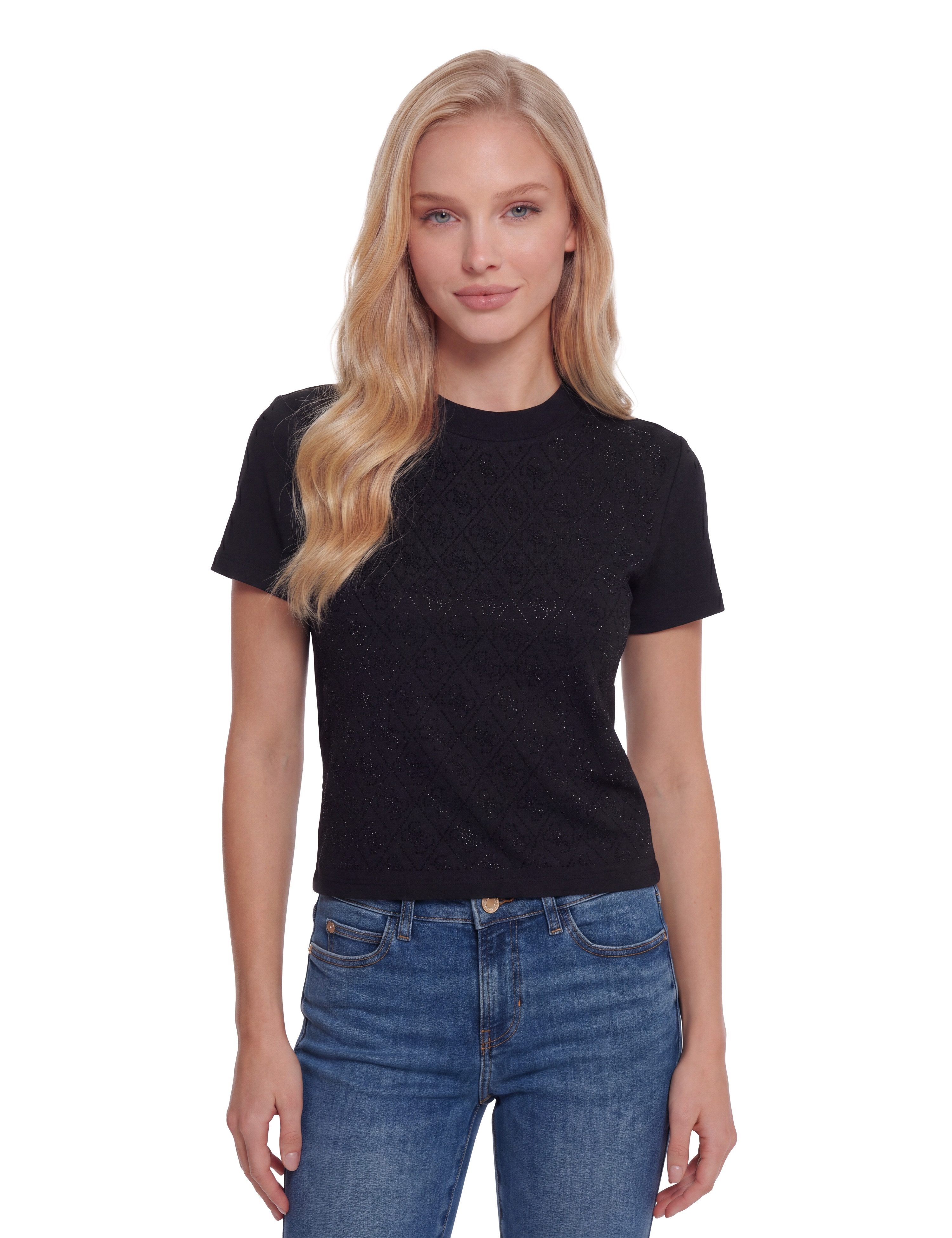 Guess T-Shirt SS MOCK NECK ALL OVER 4G TEE mit Strassbesatz, Slim Fit