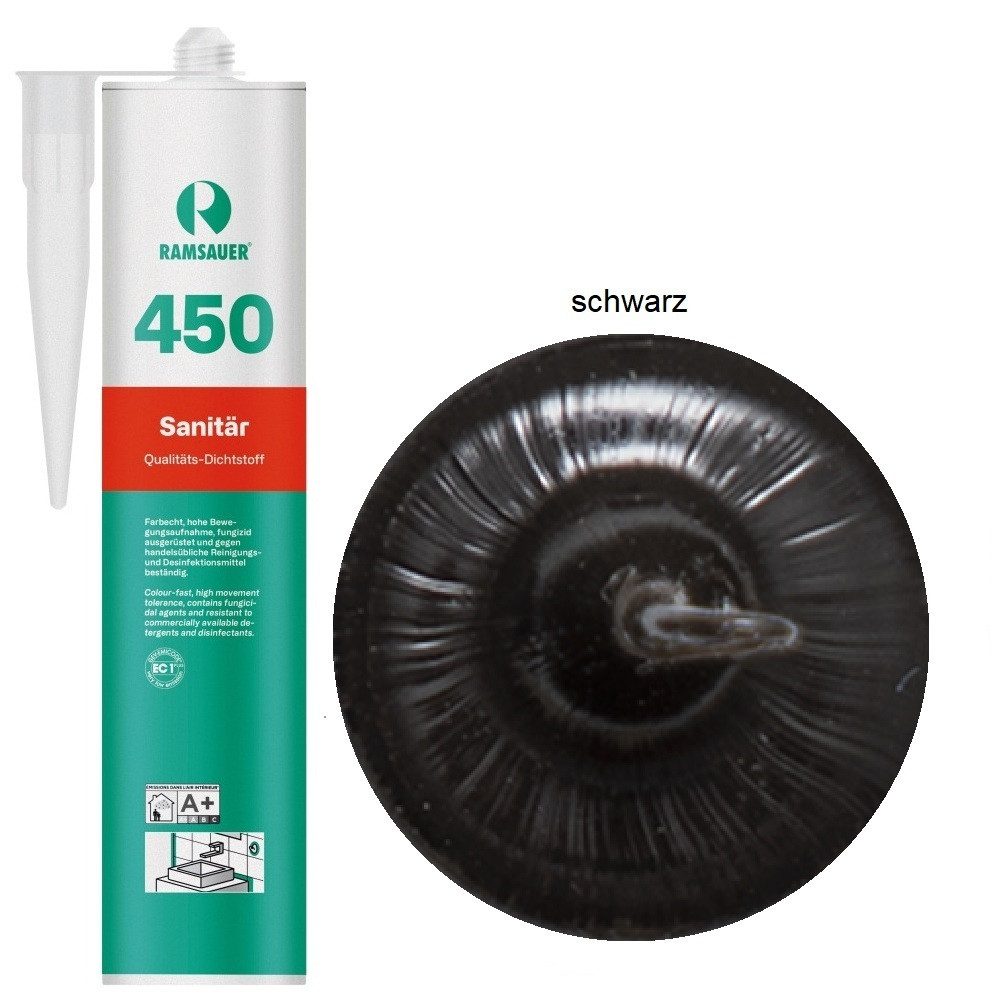 Ramsauer Dichtstoff Ramsauer 450 Sanitär 1K Silikon Dichtstoff 310ml Kartusche schwarz, gebrauchsfertig, chemisch widerstandsfähig, schnellhärtend, UV-beständig, pilzhemmend