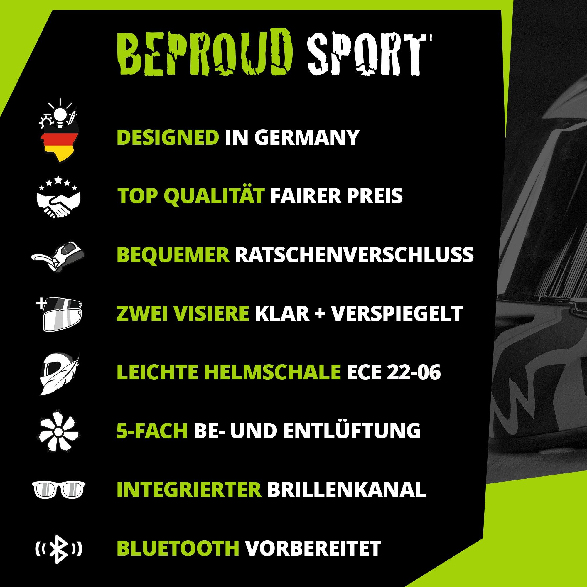 Broken Head Motorradhelm BeProud Sport Gold (Mit Gold Verspiegeltem Visier), Hochwertiges Design – Bild 3 von 5