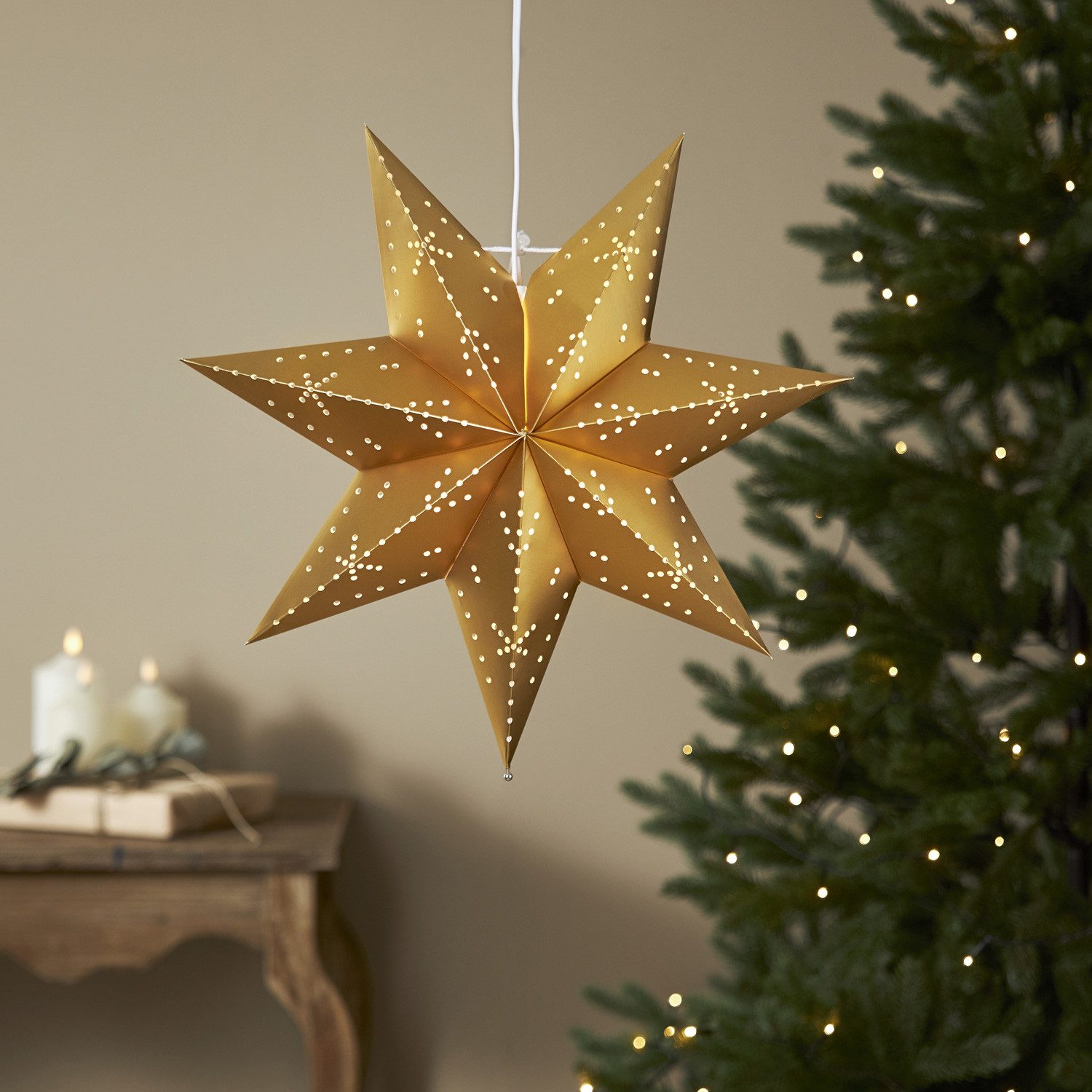 MARELIDA LED Stern Papierstern Leuchtstern Weihnachtsstern Faltstern 45cm mit Kabel gold