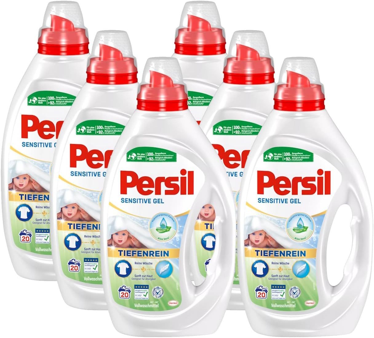 Persil Sensitive Gel (20 WL), Flüssigwaschmittel für Allergiker & Babys, Spezialwaschmittel (6-St. mit beruhigender Aloe vera für sensible Haut)