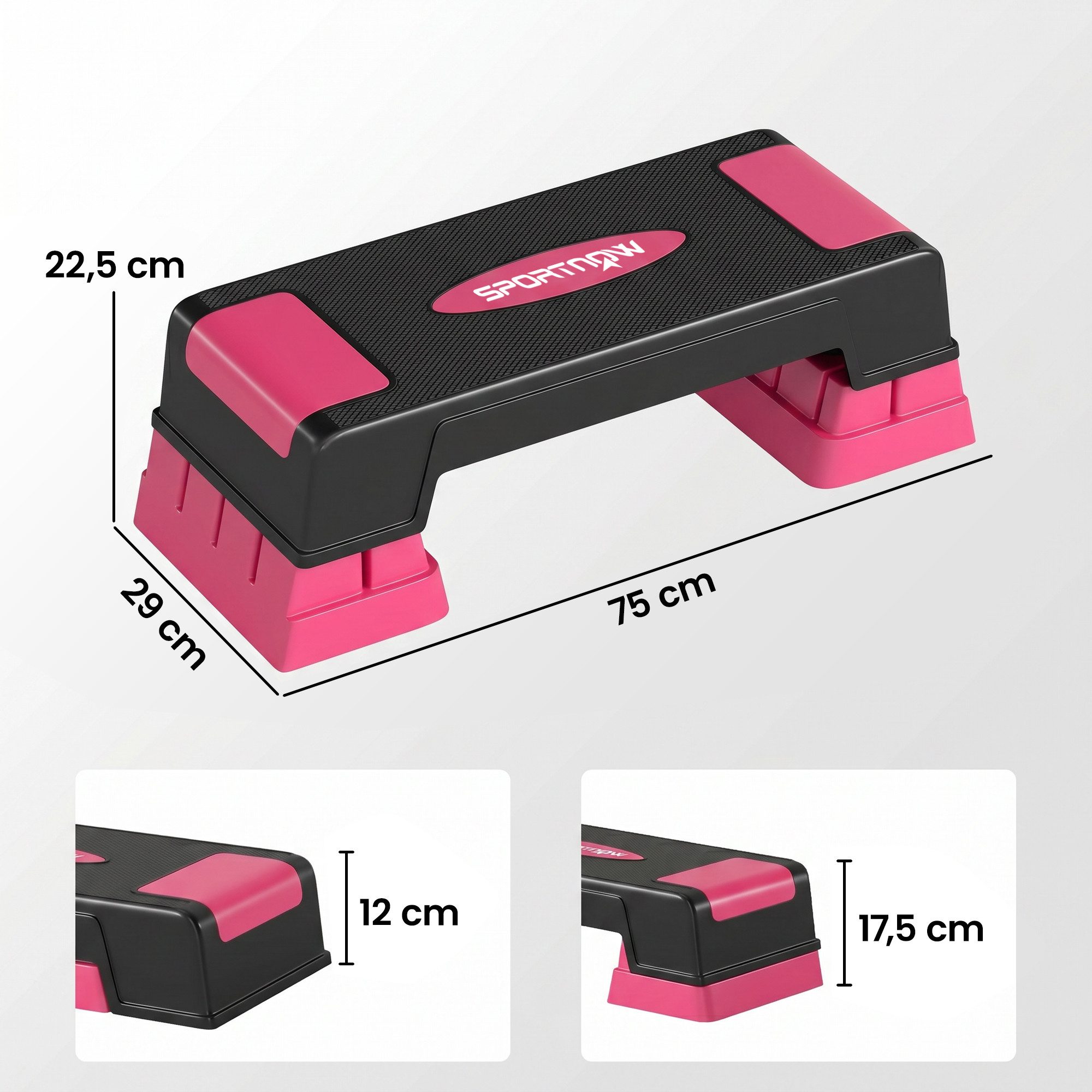 SPORTNOW Stepper mit 3 Stufen (12/17,5/22,5 cm), Anti-Rutsch-Matte (Step Bench, 2-tlg., Aerobic Stepper), für Zuhause Fitnessstudio Büro Schwarz+Rosa