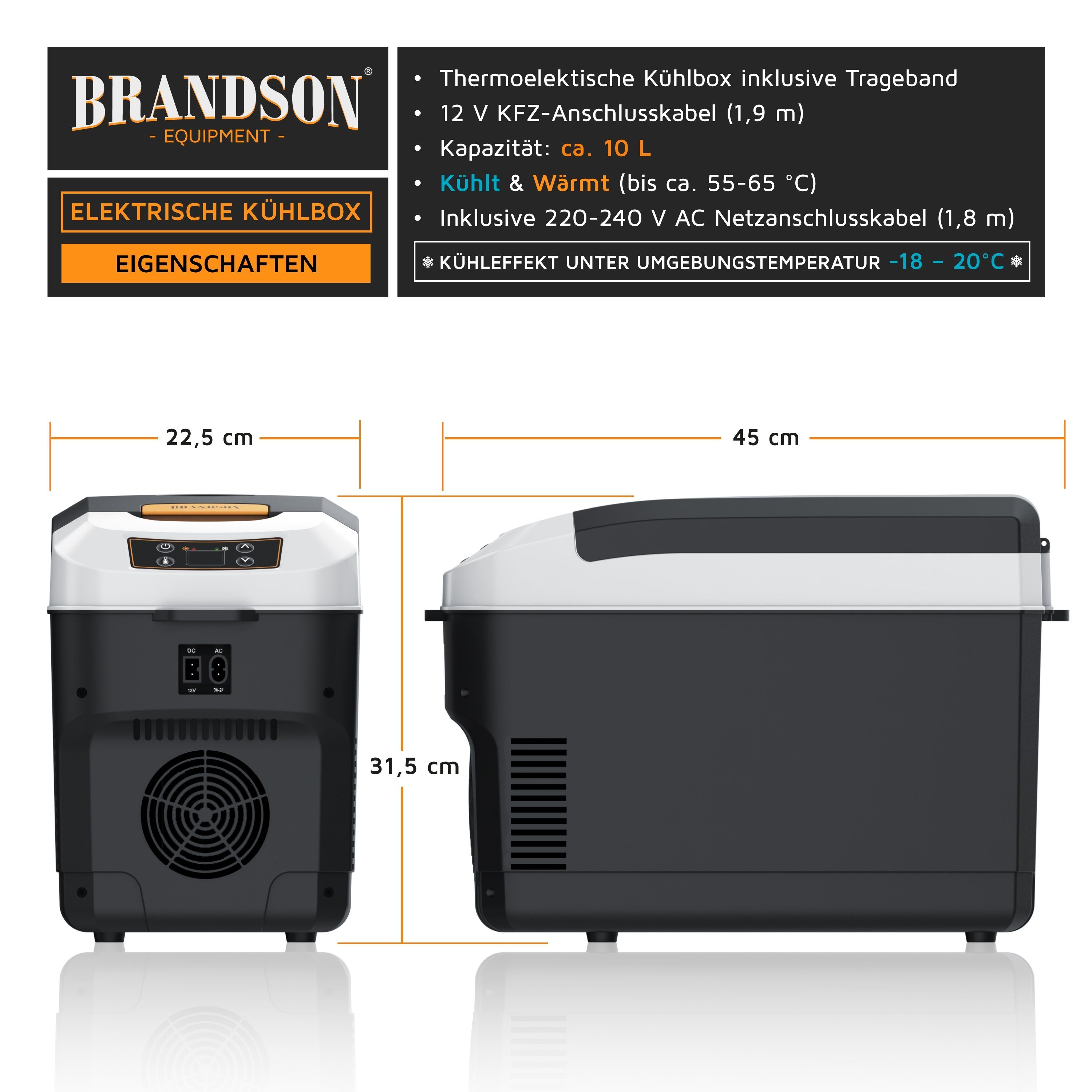 Brandson Elektrische Kühlbox 10 L, Kühlt & hält Warm, von -10 bis +65°C,  Sichtfensterdeckel, 10 l, Kühlbox elektrisch, 230 V Netzspannung und 12 V KFZ Auto Bordspannung