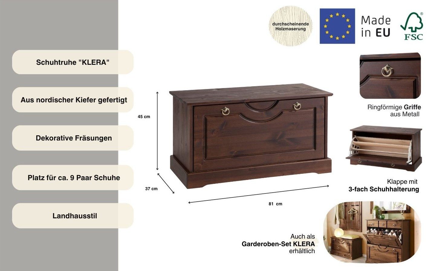 OTTO home Schuhtruhe Klera, Breite 81 cm, aus massiver Kiefer, FSC®-zertifiziert
