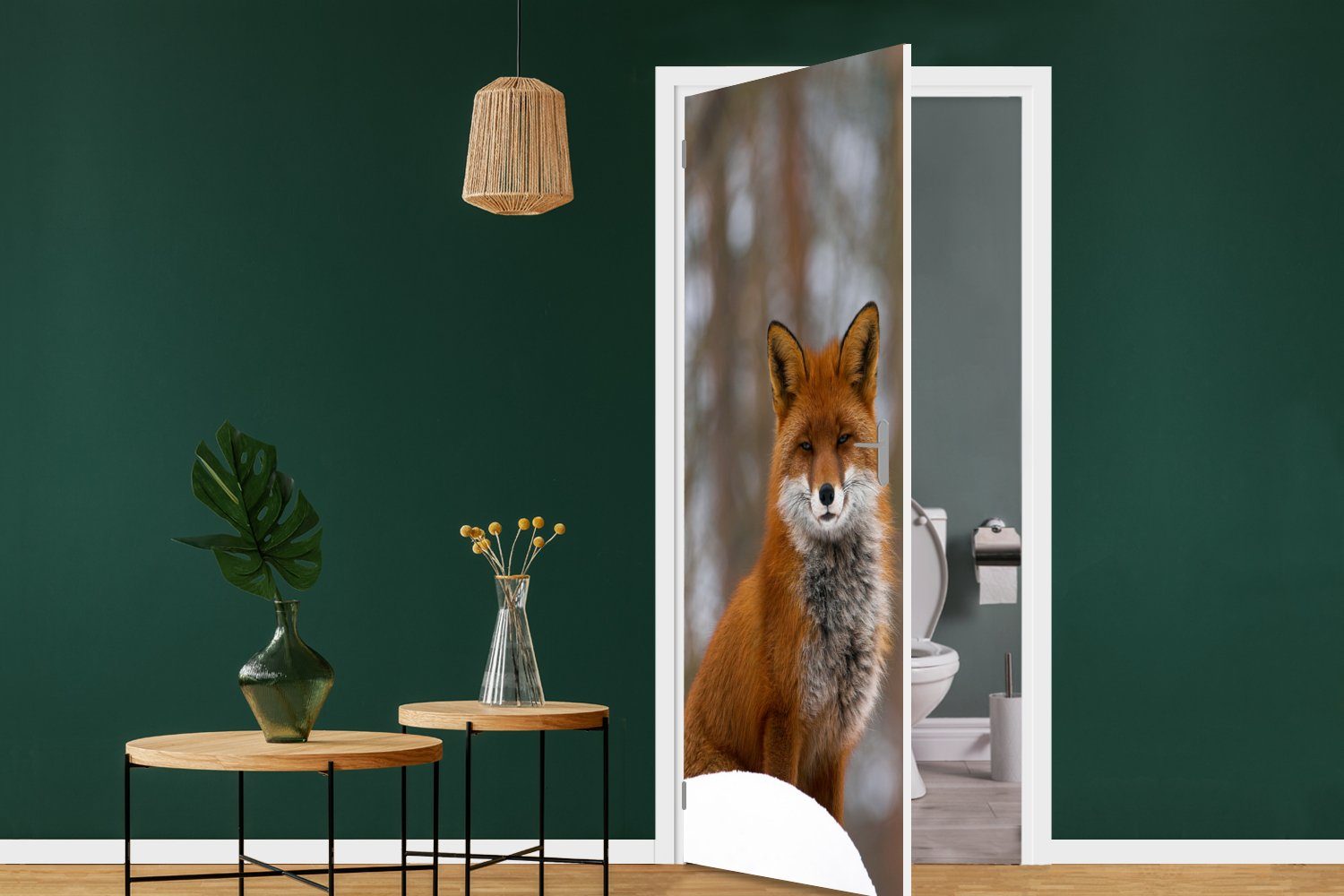 - cm - St), Tür, Matt, (1 MuchoWow bedruckt, Wald Türtapete Fototapete Fuchs Türaufkleber, für Rot, 75x205