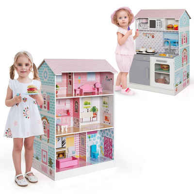 COSTWAY Puppenhaus »2 in 1 Puppenhaus & Kinderküche«, 2 in 1, mit realistischem Sound & Licht, 3-stöckiges
