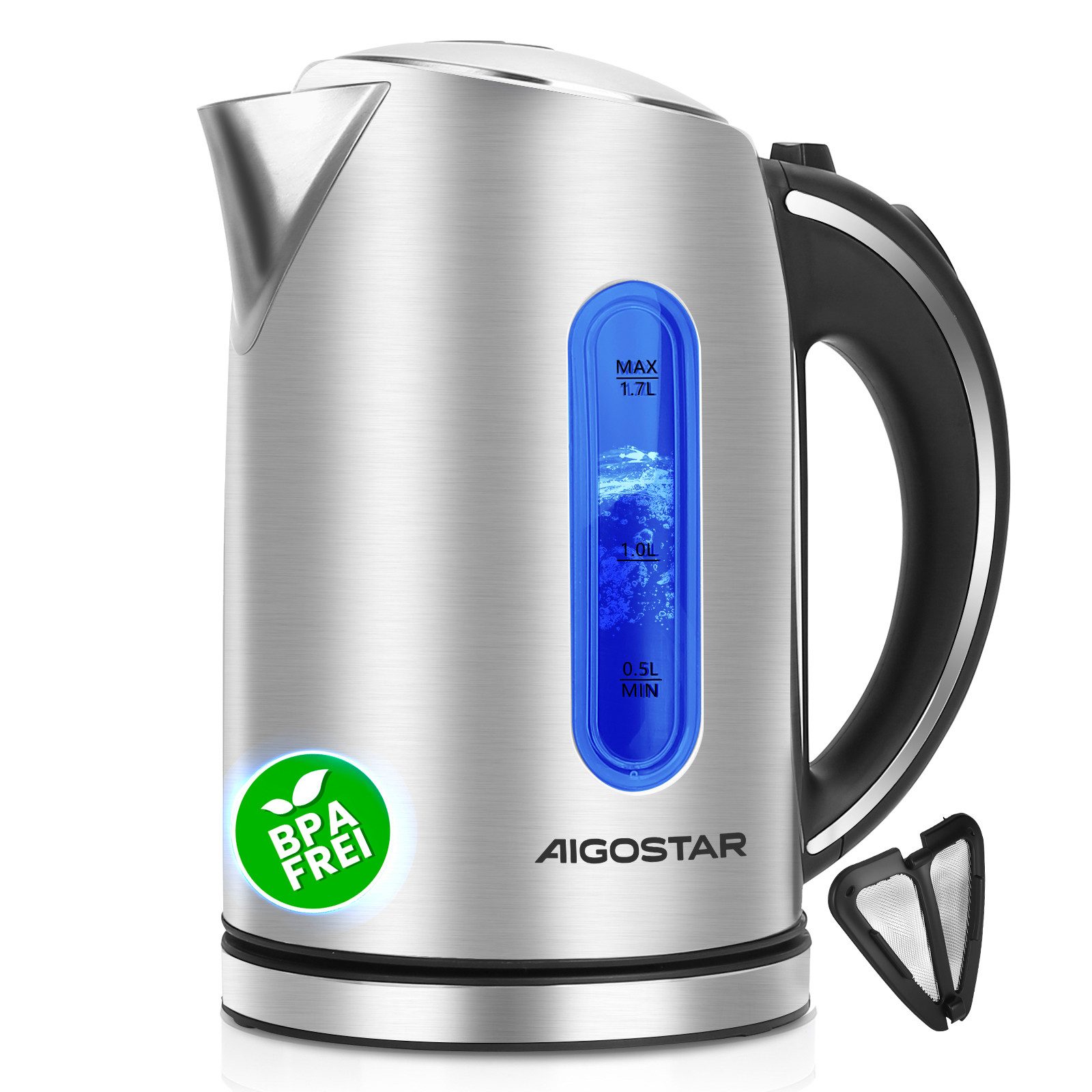 Aigostar Wasserkocher Edelstahl Wasserkocher 1,7L, 2200W, mit Kalkfilter, LED Beleuchtung, 1.7 l, 2200,00 W, Mit Wasserstandsanzeige, Schnelles Kochen, Abschaltautomatik, BPA frei