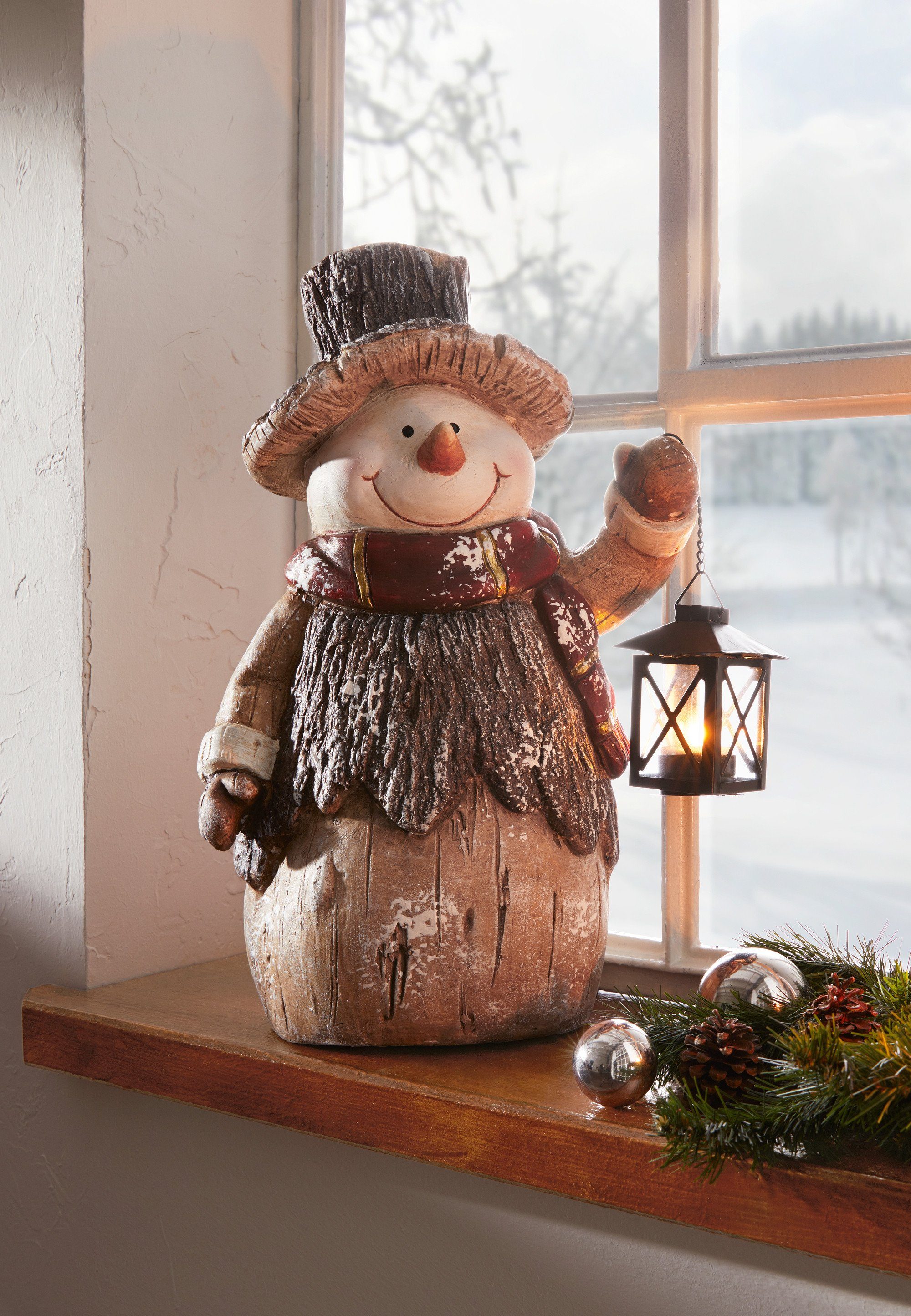 Dekoleidenschaft Dekofigur "Schneemann" mit Laterne, 42 cm hoch,  Weihnachtsdeko in Holz Optik, Winterdeko, Weihnachtsfigur, Balkon und  Gartendeko für Draußen