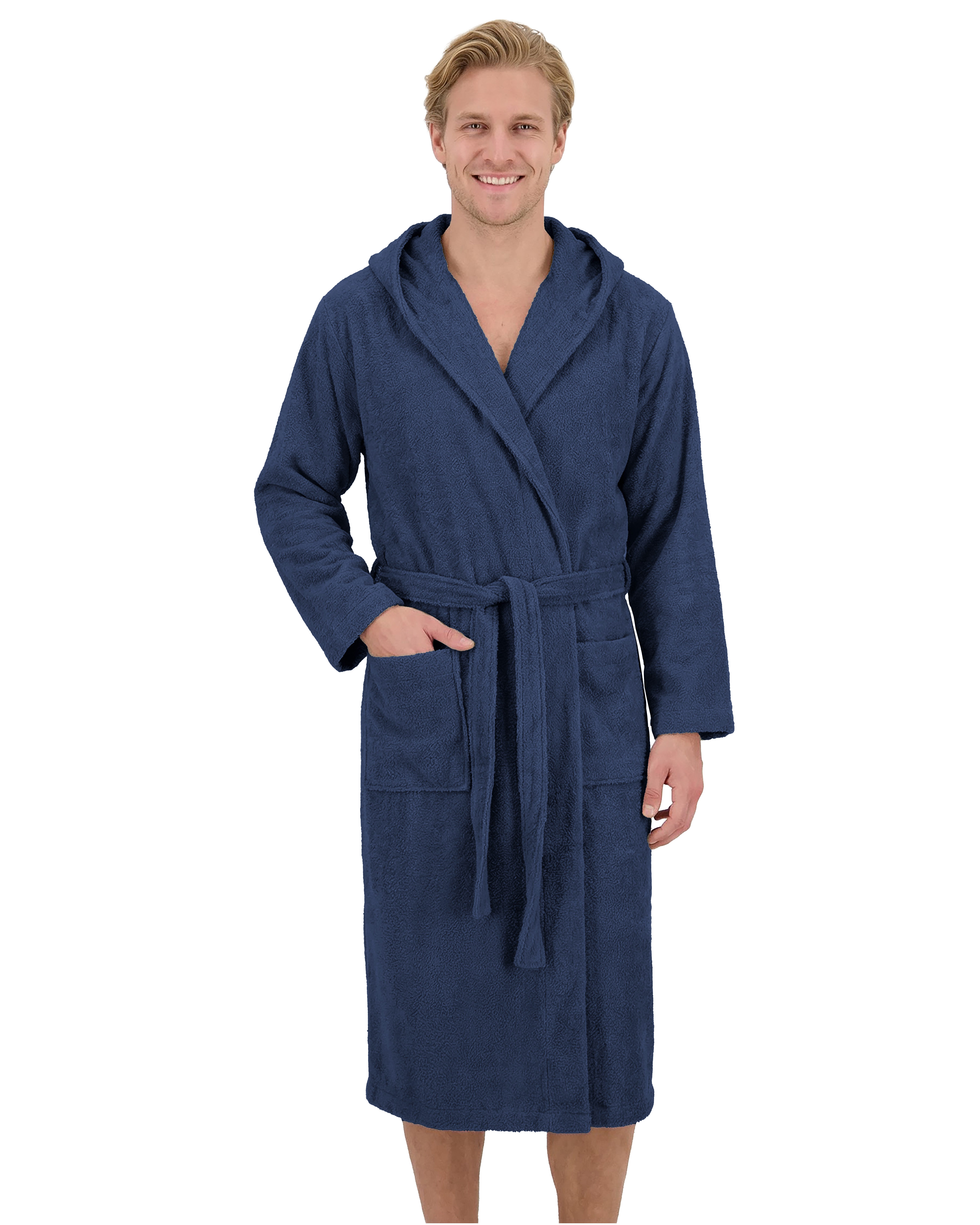 Laynenburg Herrenbademantel Bademantel Herren mit Kapuze aus 100% Baumwolle Frottee, mit Gürtel, aufgesetzten Taschen, Waden-lang für Spa, Sauna, M-XXXL