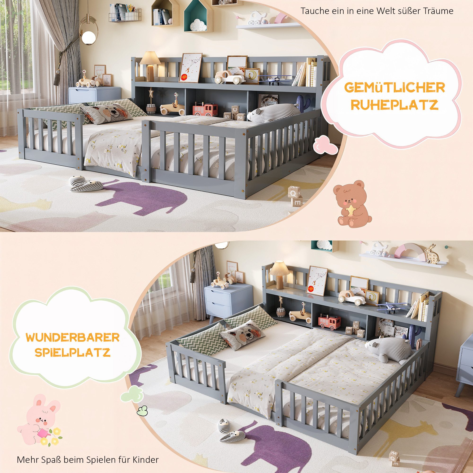 FUROKOY Kinderbett Bodenbett mit Rausfallschutz und Lattenrost (Set, 1-tlg., 140*200cm Bett,Grau), mit offenen Staufächern – Bild 5 von 5
