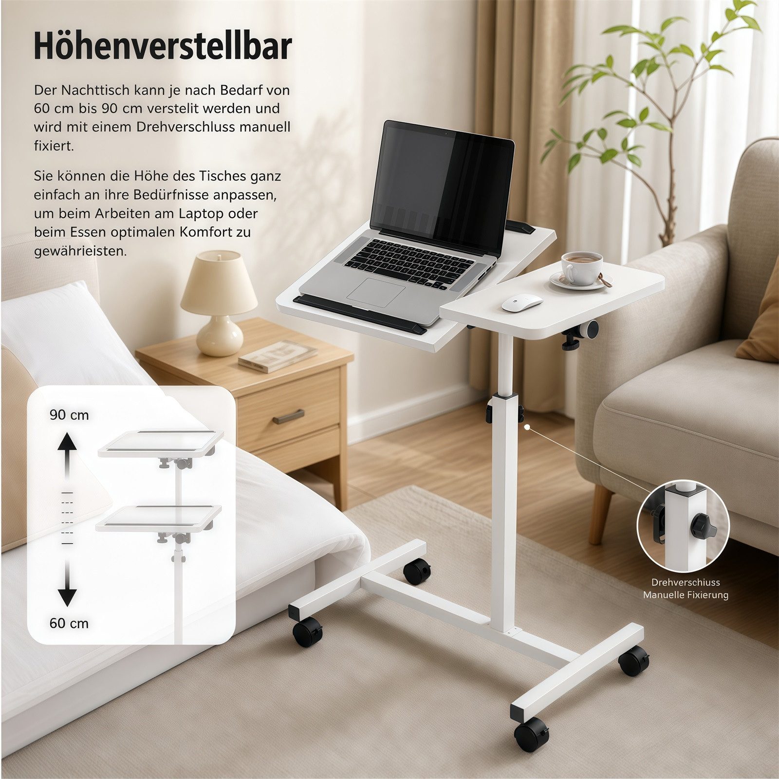GLIESE Beistelltisch Mobiler Beistelltisch mit Rollen Neigefunktion für Bett & Sofa, Höhenverstellbar (60–90 cm), Neigbare Tischplatte (0–90) – Bild 3 von 5