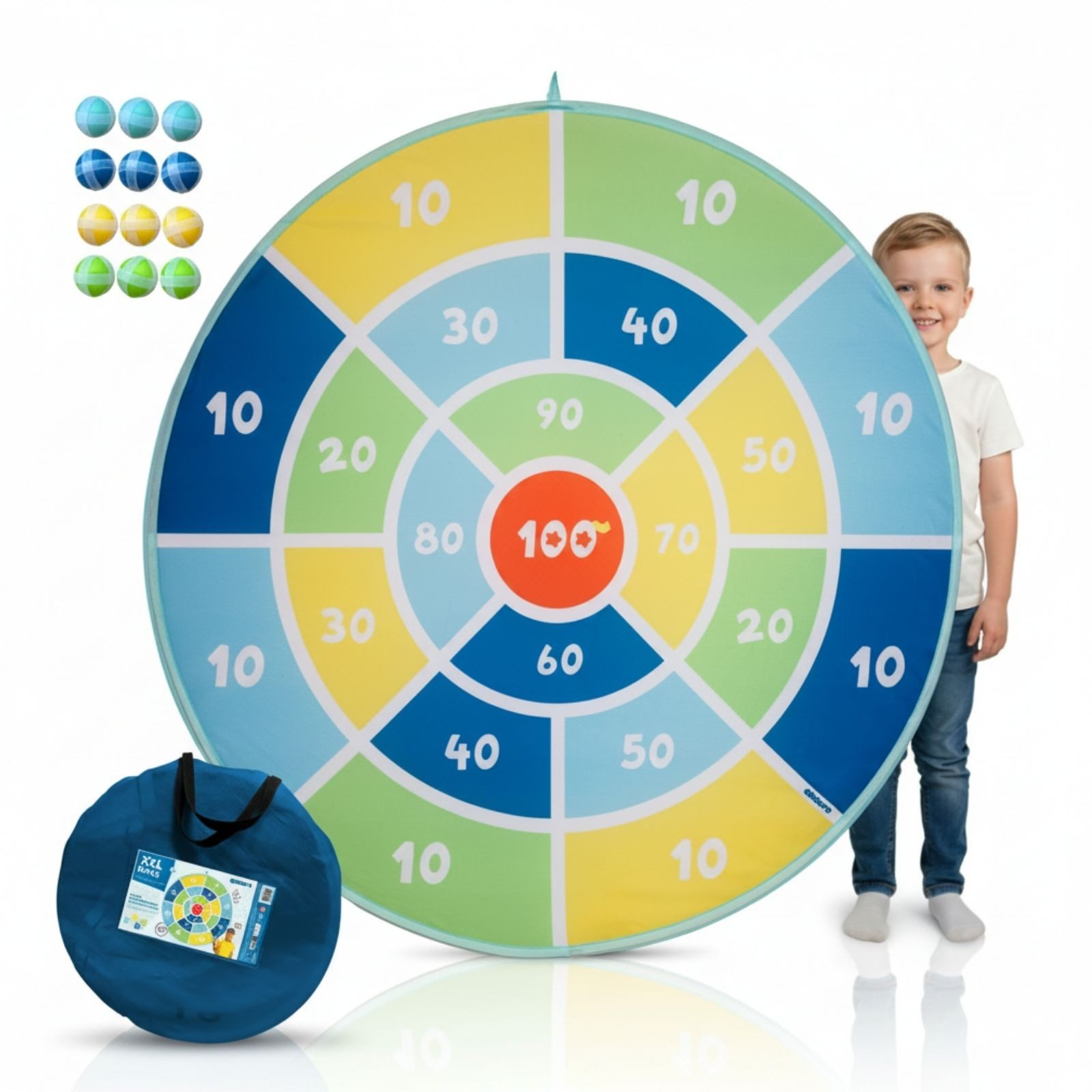 alldoro Softdarts XXL Dartscheibe 142cm – Klett-Dartspiel für Kinder ab 3 Jahren, riesige, faltbare Klettwurfscheibe zum Aufhängen, mit 12 bunten Bällen