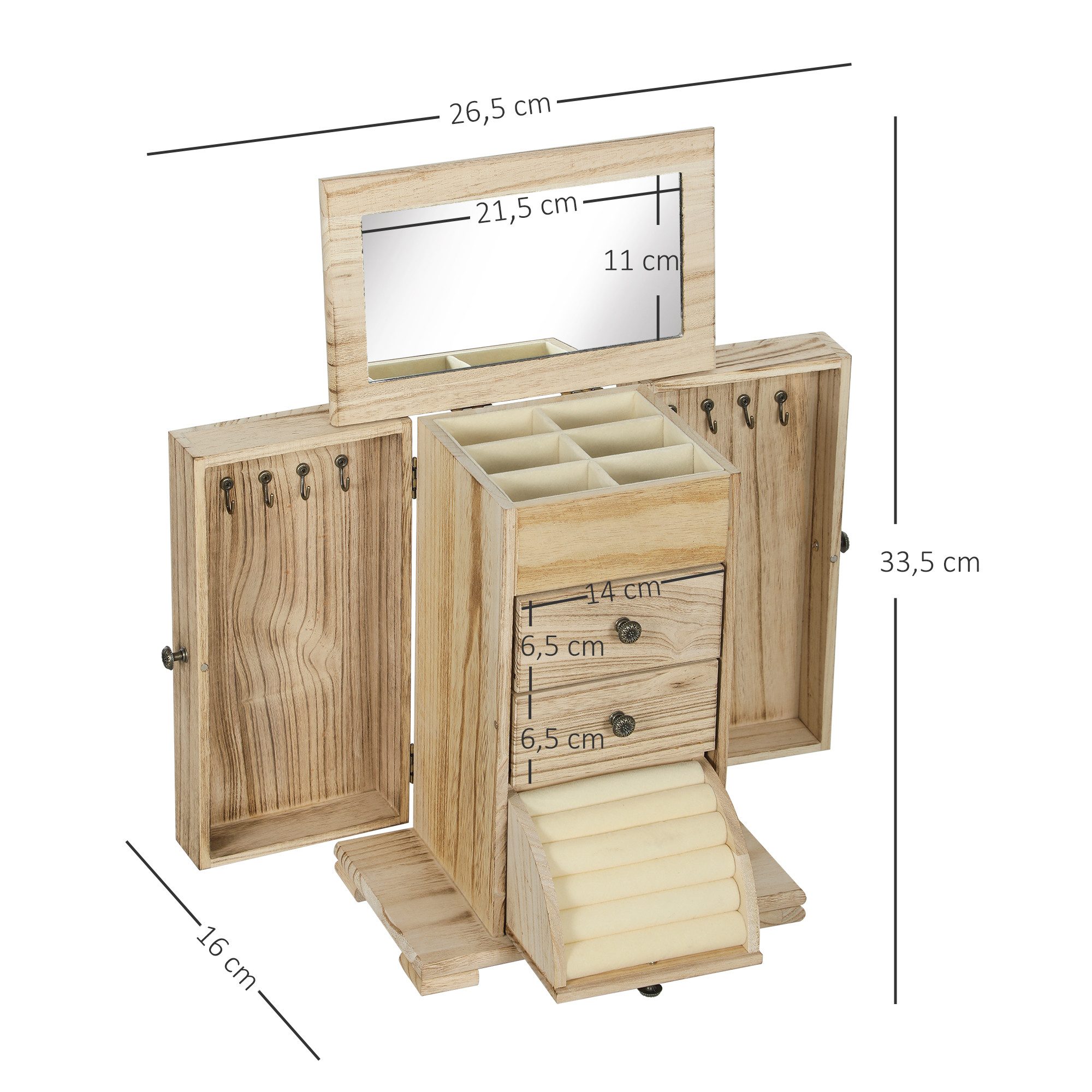 HOMCOM Schmuckkasten Schmuckkästchen Holz mit 4 Ebenen mit Spiegel und Schubladen (Schmuckbox, 1 St., Schmuckschatulle), für Ringe, Ohrringe Braun – Bild 3 von 5