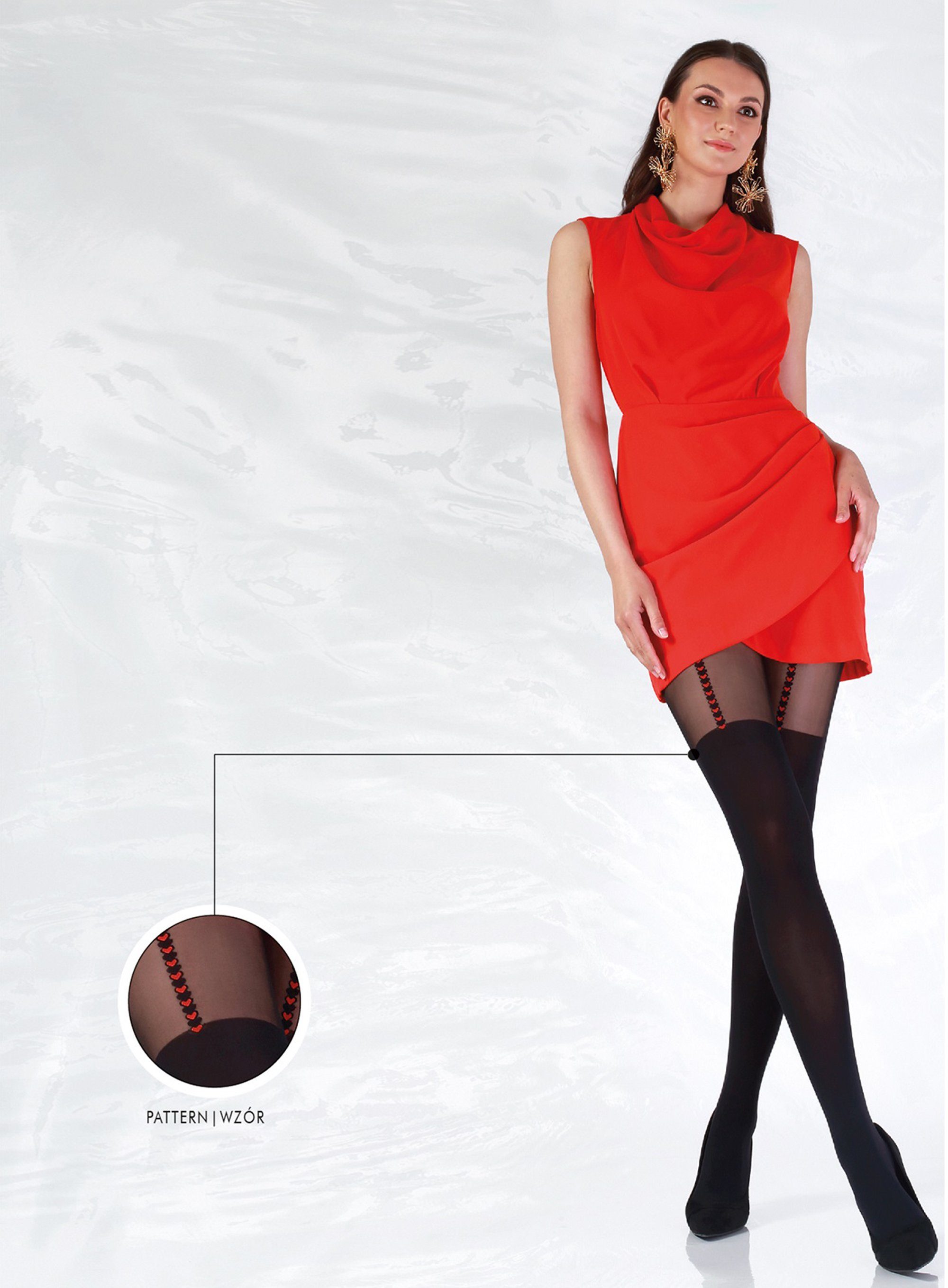 NOQ by Knittex Feinstrumpfhose Fantasy by night (Packung 1 St. 1 Paar) Feinstumpfhose Overkneelook 50DEN mit roten Herzen
