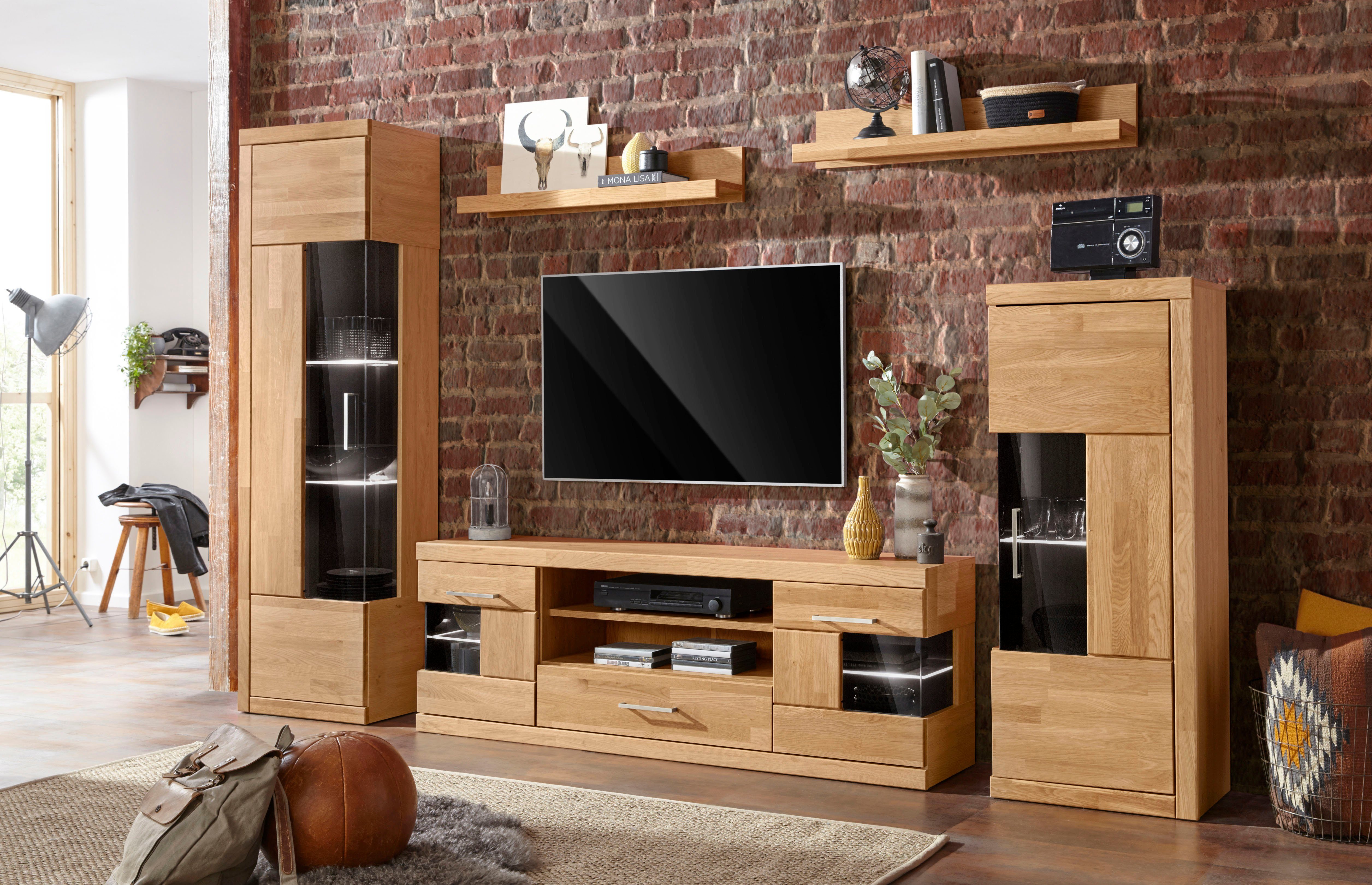 Home affaire Wohnwand Ribe,Fronten Massivholz,Korpus Holzwekstoff,viel Stauraum, (Set, 5-St), Glaseinsatz aus gehärtetem Glas,Böden teilweise versetzbar