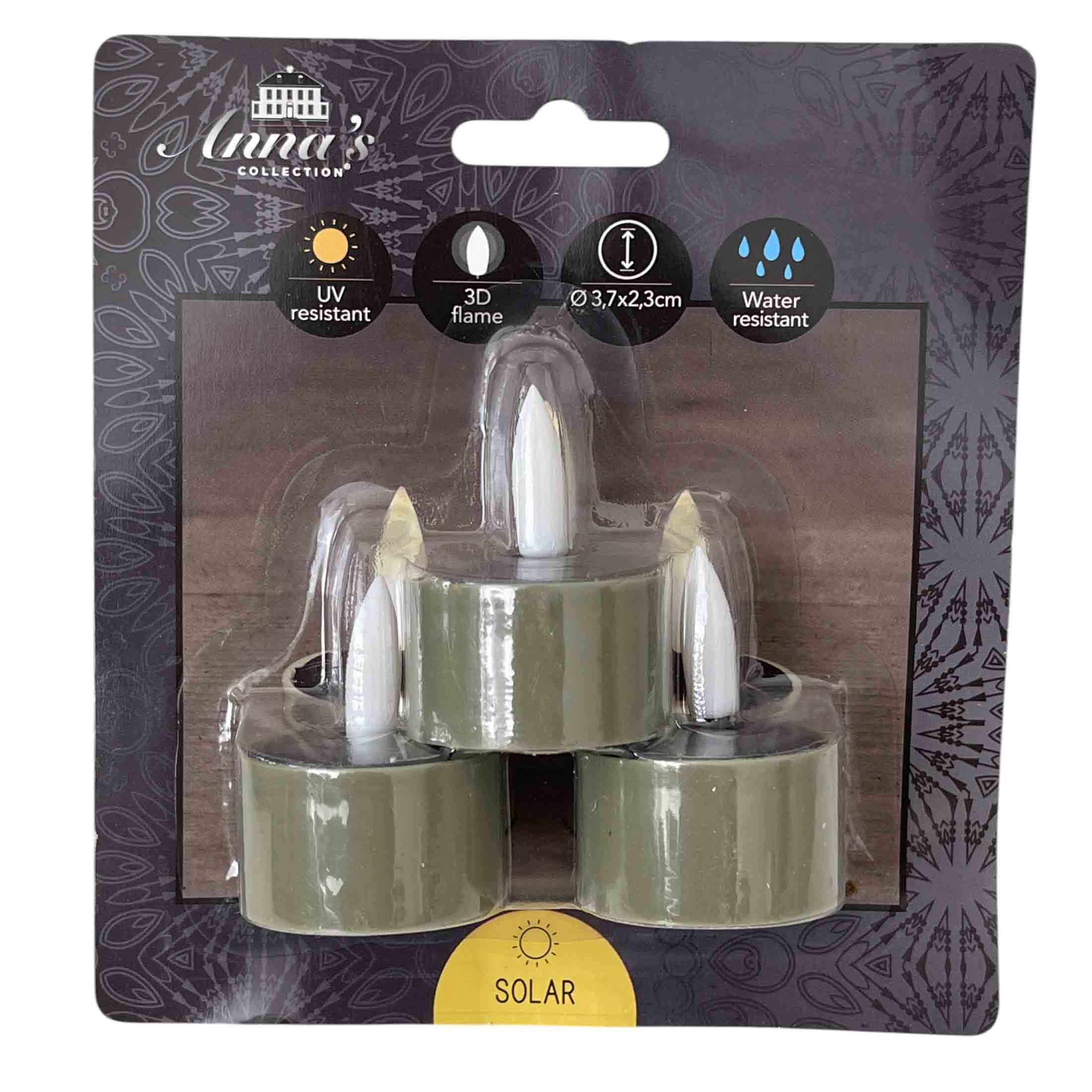 Coen Bakker Deco BV LED-Kerze (Set, 3-tlg), Solar Teelichter oliv dezent flackernd außen 3,7x4,5cm