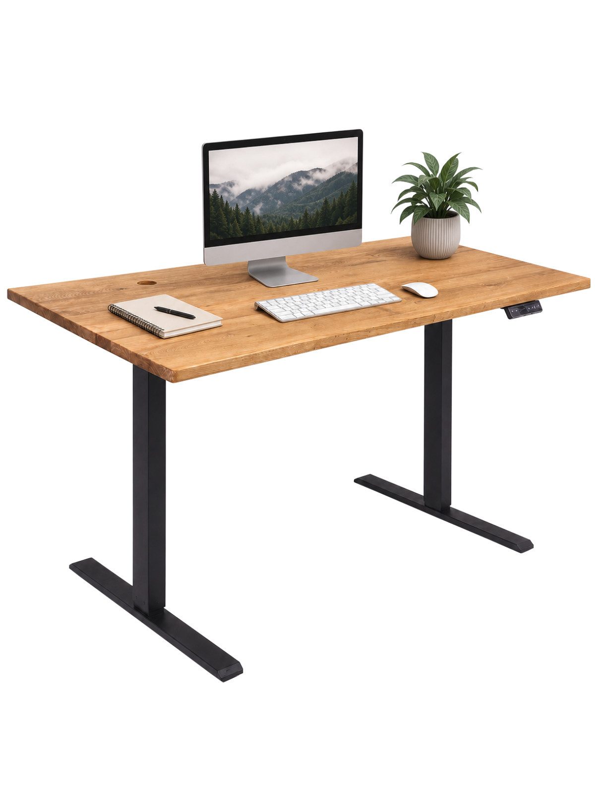 holz4home® Schreibtisch Elektrisch höhenverstellbarer Tisch mit Massivholzplatte Eiche, Sitz-/Steh-Erinnerung, 25 mm Schreibtischplatte